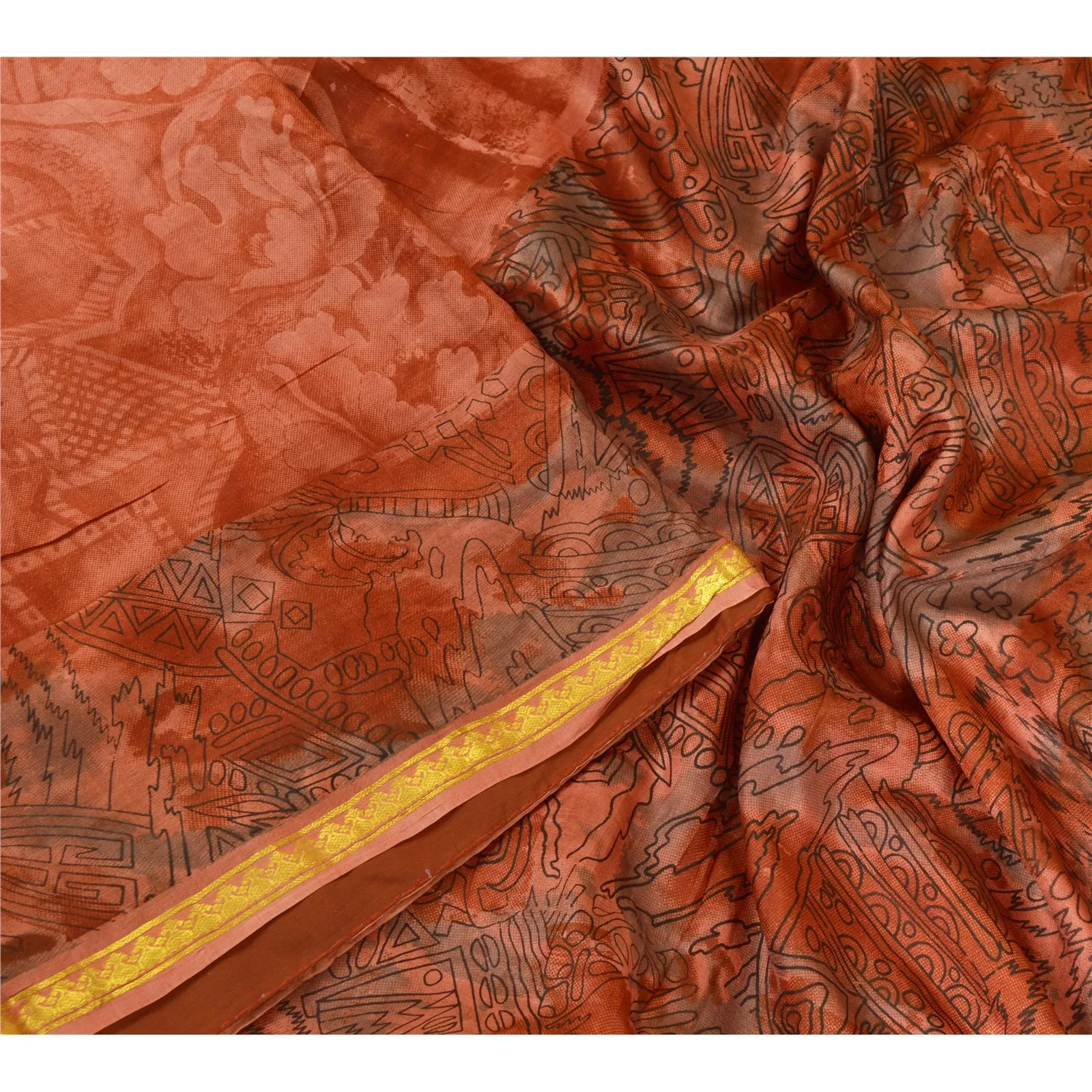 Sanskriti Vintage Sarees Orange Zari Border Printed Pure Silk Sari Craft Fabric