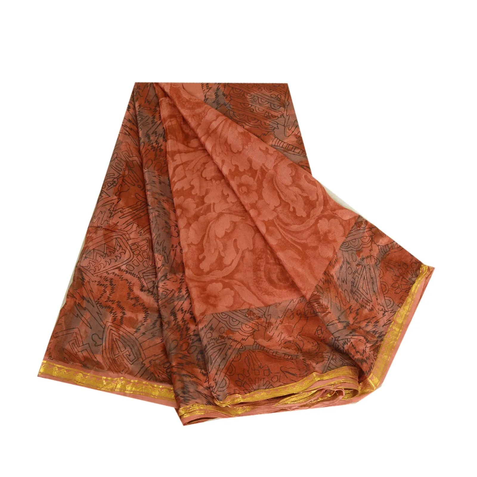 Sanskriti Vintage Sarees Orange Zari Border Printed Pure Silk Sari Craft Fabric