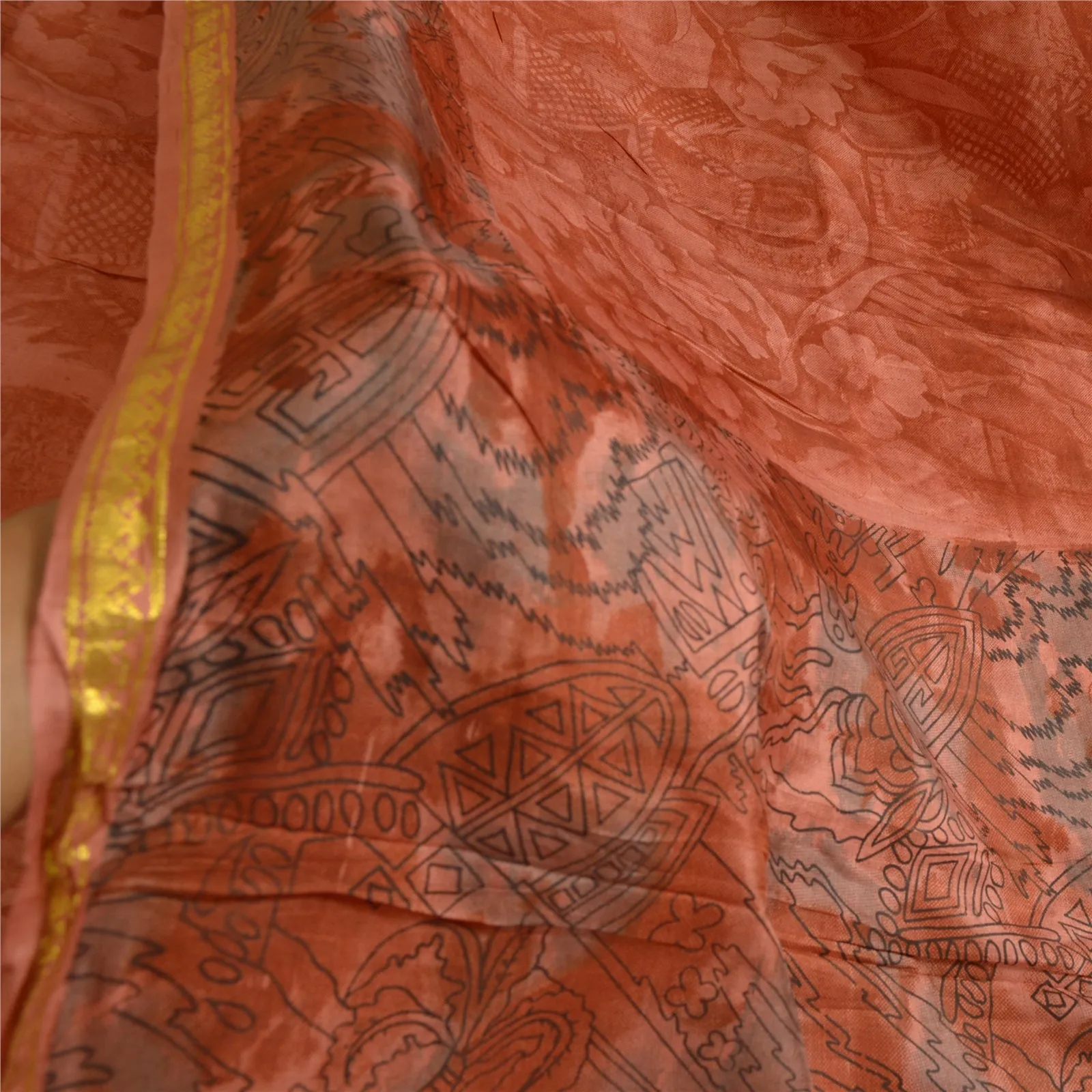 Sanskriti Vintage Sarees Orange Zari Border Printed Pure Silk Sari Craft Fabric