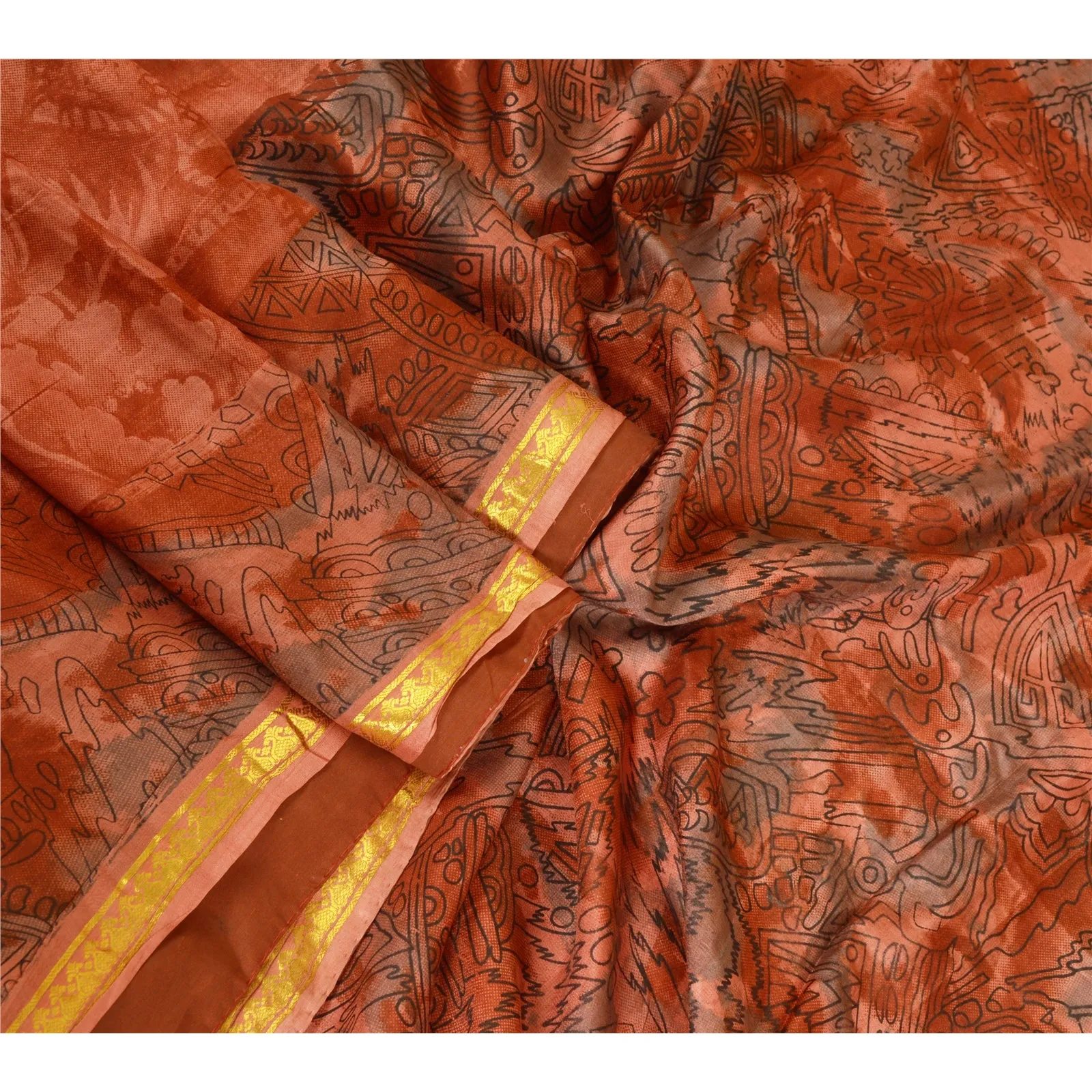 Sanskriti Vintage Sarees Orange Zari Border Printed Pure Silk Sari Craft Fabric