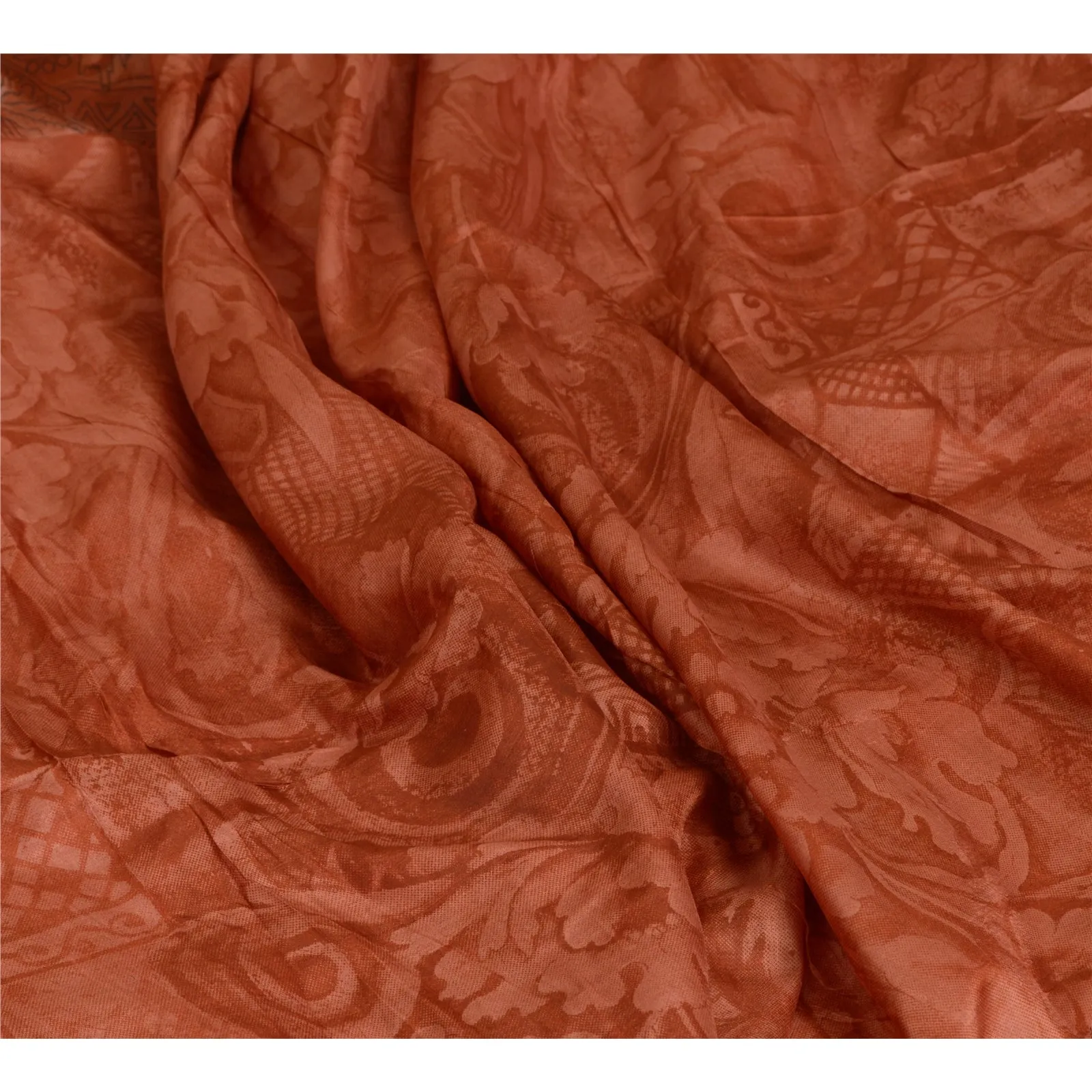 Sanskriti Vintage Sarees Orange Zari Border Printed Pure Silk Sari Craft Fabric