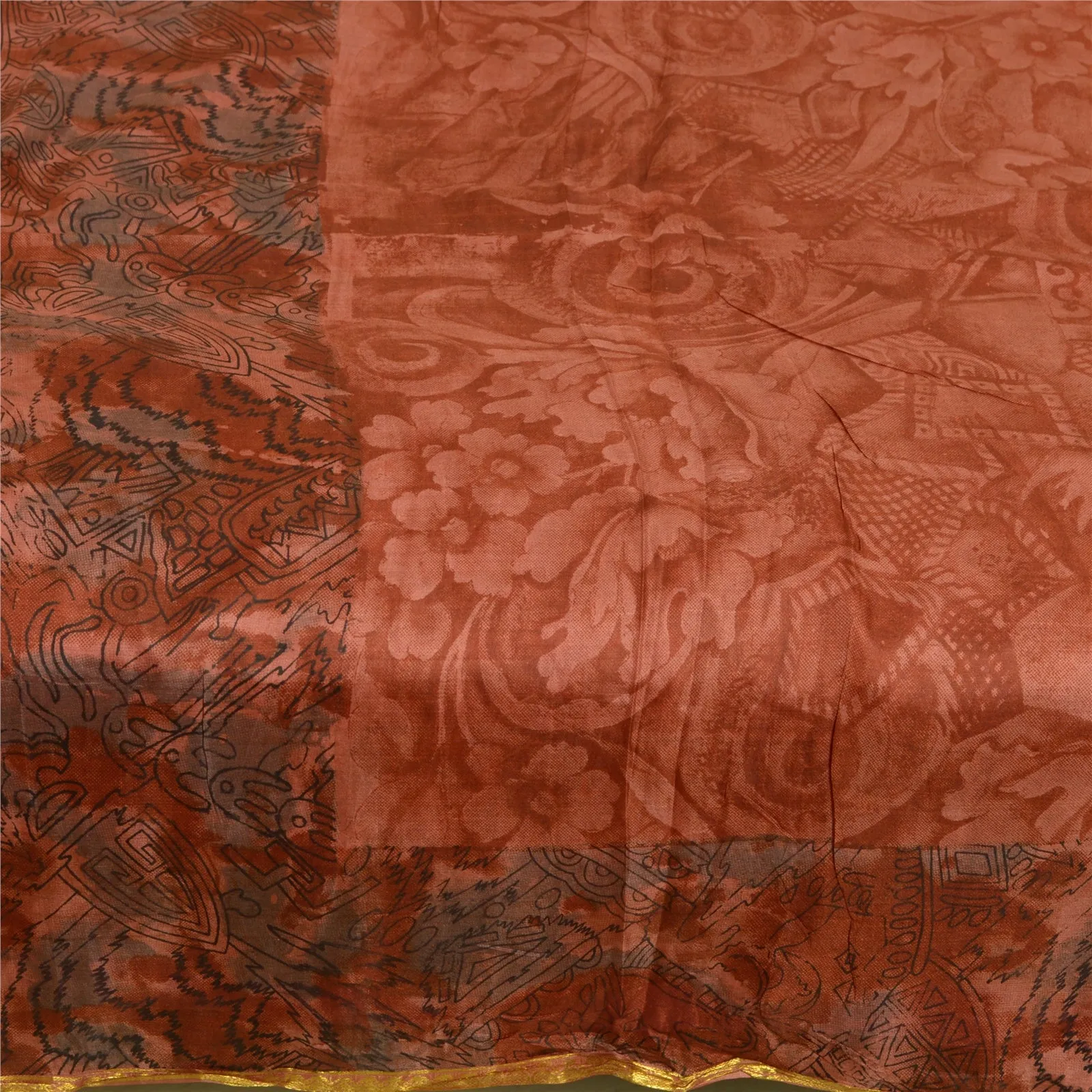 Sanskriti Vintage Sarees Orange Zari Border Printed Pure Silk Sari Craft Fabric