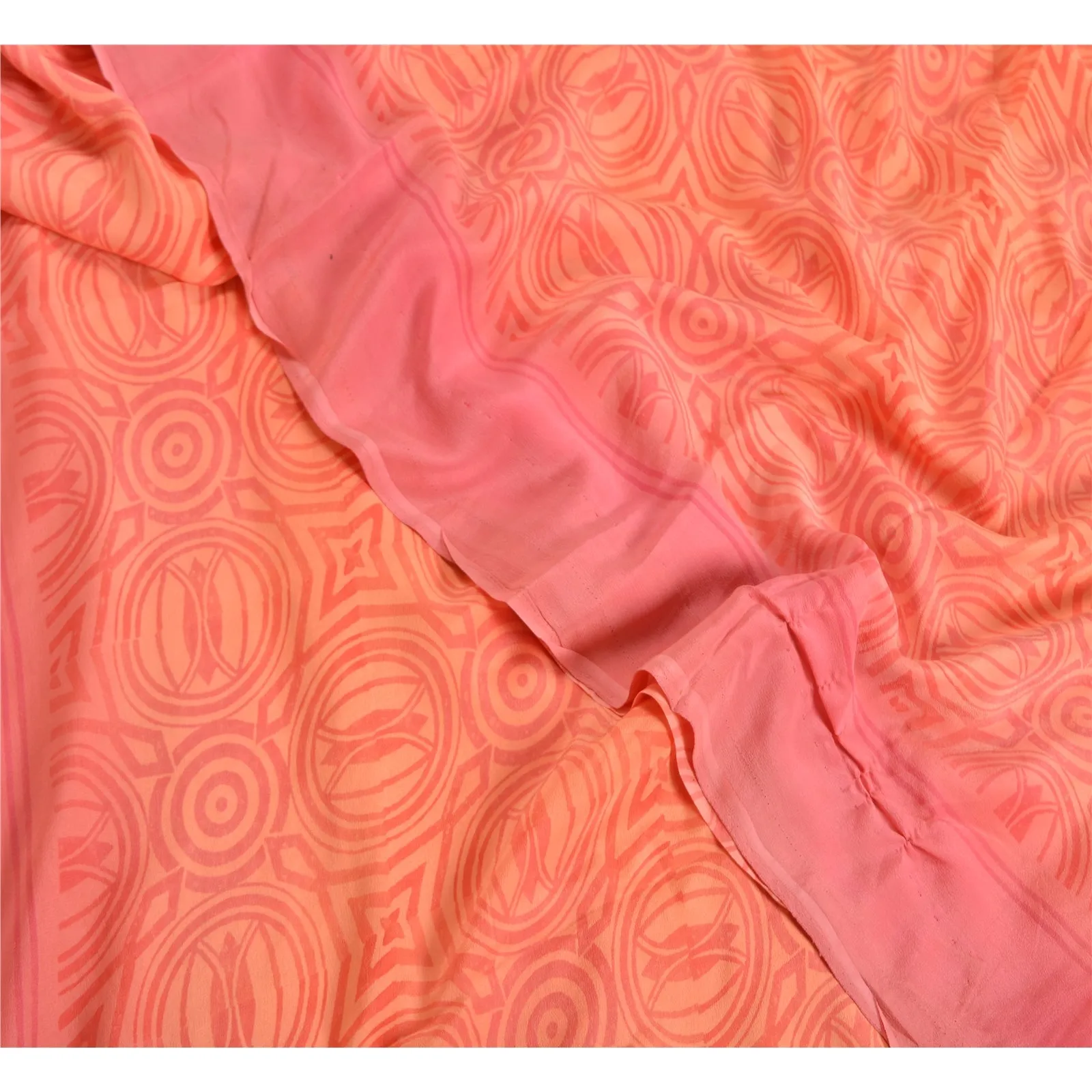 Sanskriti Vintage Sarees Peach/Pink Pure Crepe Silk Printed Sari Craft Fabric