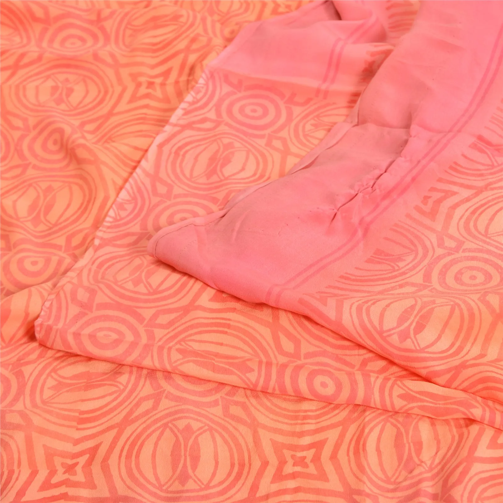 Sanskriti Vintage Sarees Peach/Pink Pure Crepe Silk Printed Sari Craft Fabric