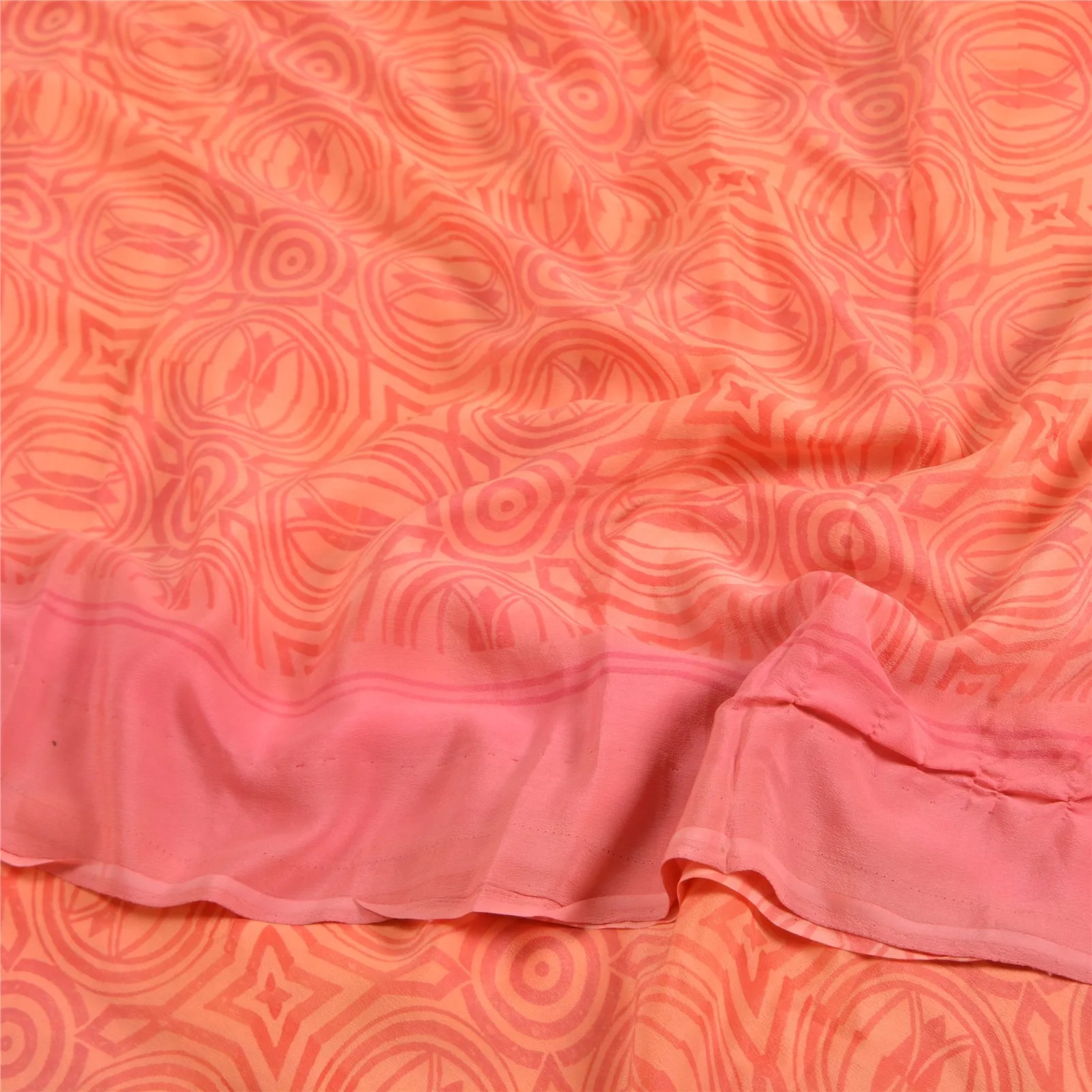 Sanskriti Vintage Sarees Peach/Pink Pure Crepe Silk Printed Sari Craft Fabric