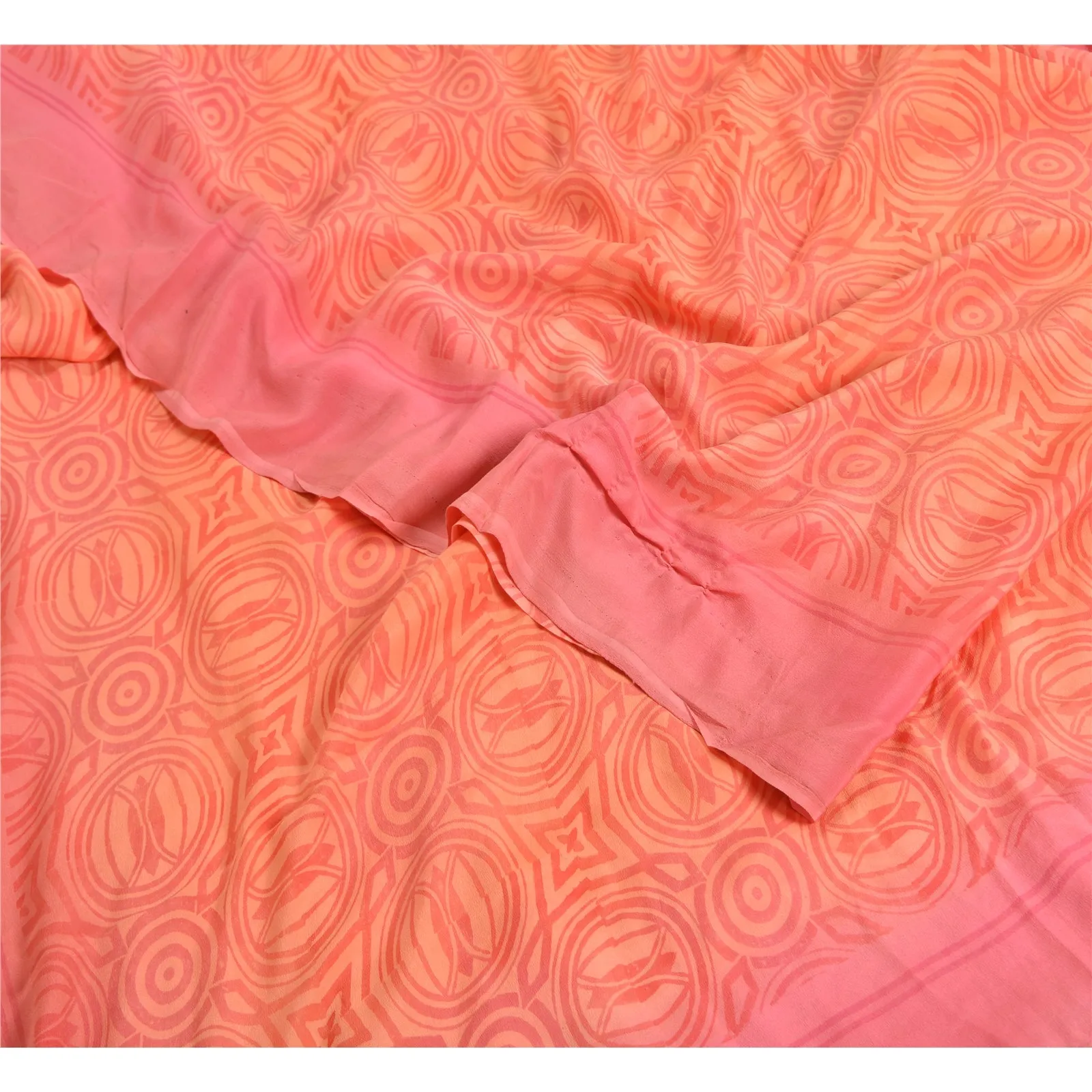 Sanskriti Vintage Sarees Peach/Pink Pure Crepe Silk Printed Sari Craft Fabric