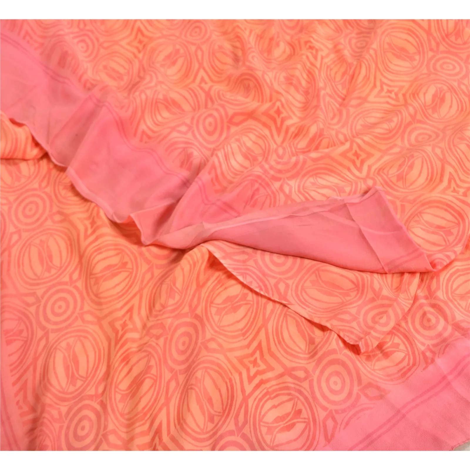 Sanskriti Vintage Sarees Peach/Pink Pure Crepe Silk Printed Sari Craft Fabric