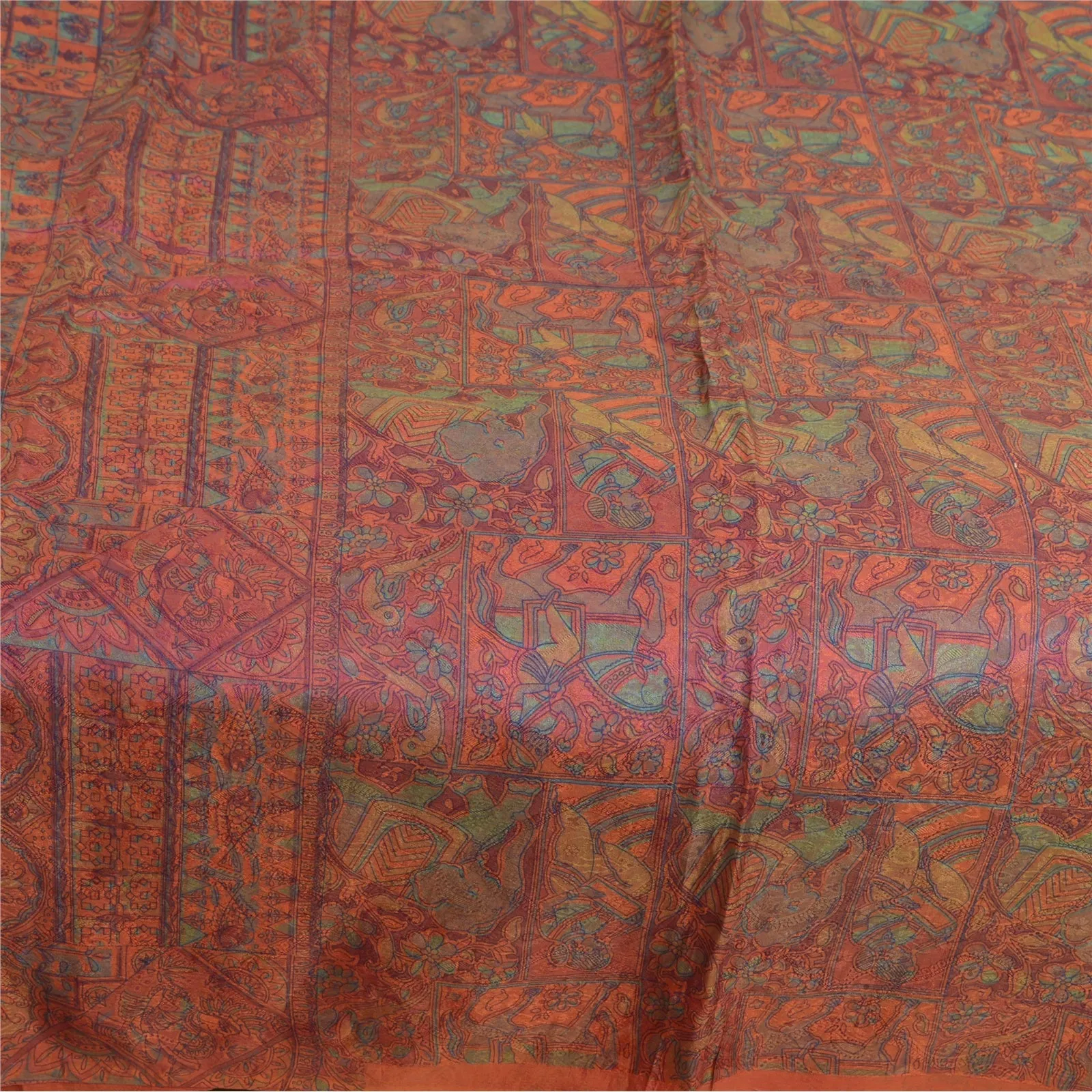 Sanskriti Vintage Sarees Purple Animal Women Printed Pure Silk Sari Craft Fabric