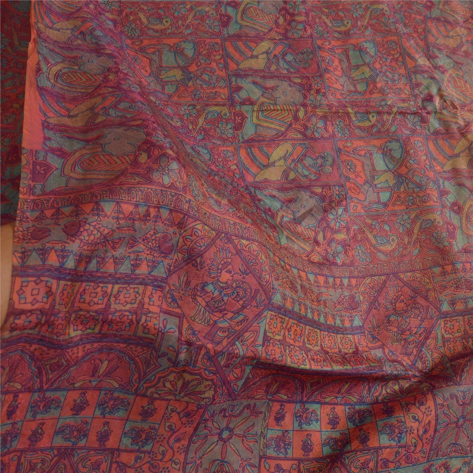 Sanskriti Vintage Sarees Purple Animal Women Printed Pure Silk Sari Craft Fabric