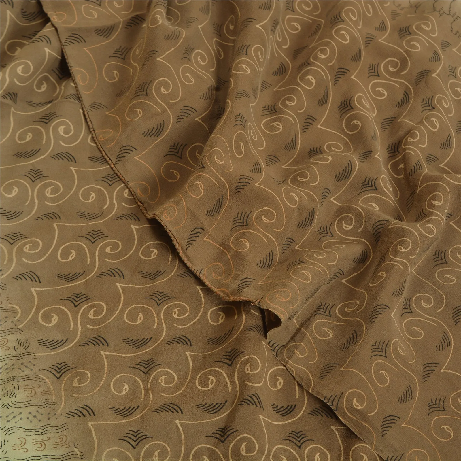 Sanskriti Vintage Sarees Shades of Brown Pure Crepe Silk Print Sari Craft Fabric