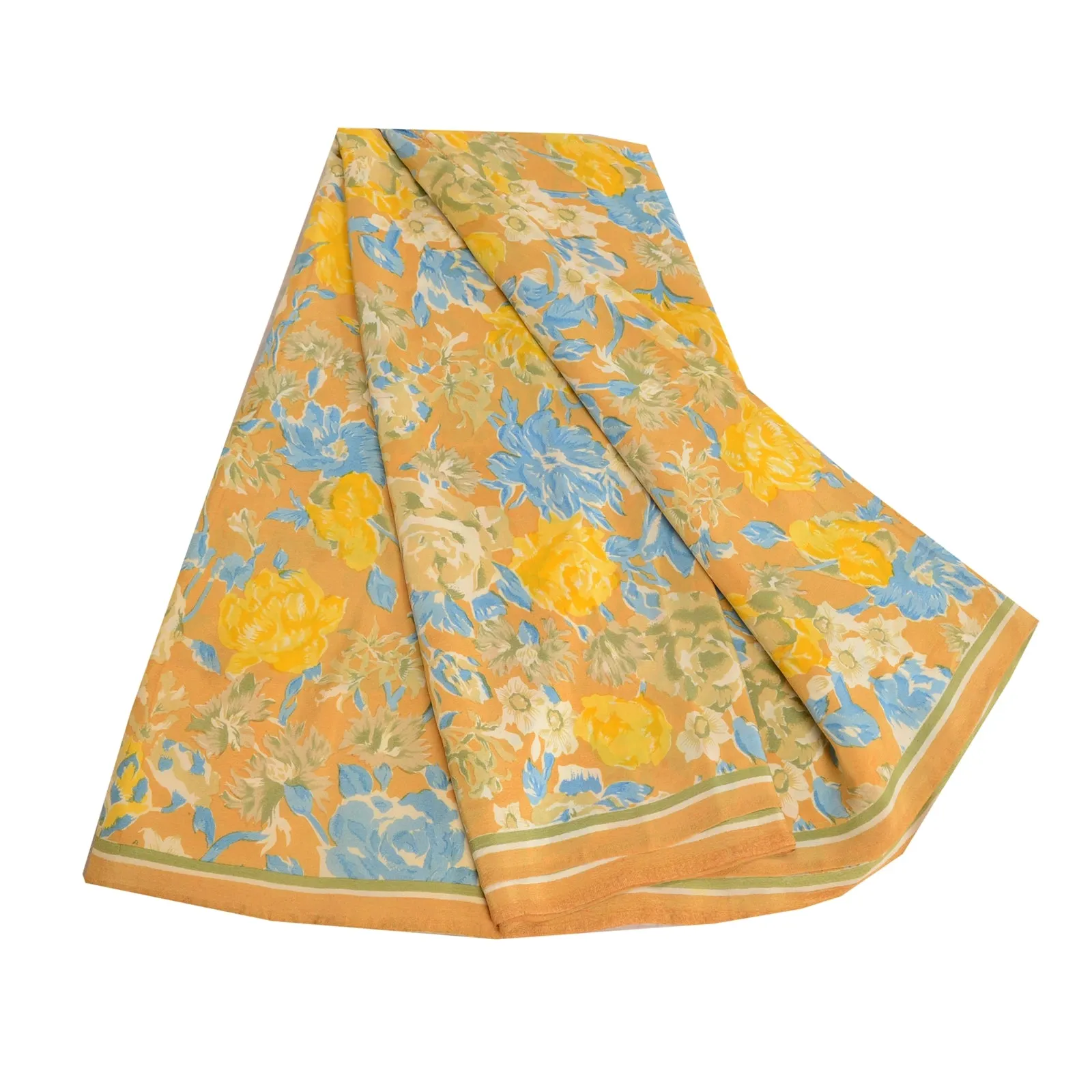 Sanskriti Vintage Sarees Yellow 100% Pure Crepe Silk Printed Sari Craft Fabric