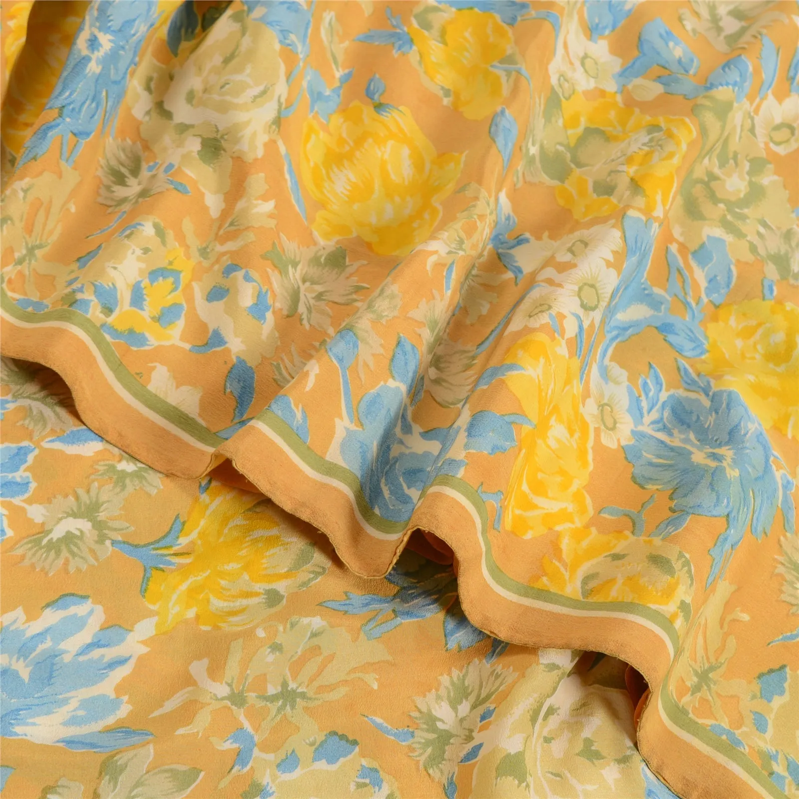 Sanskriti Vintage Sarees Yellow 100% Pure Crepe Silk Printed Sari Craft Fabric