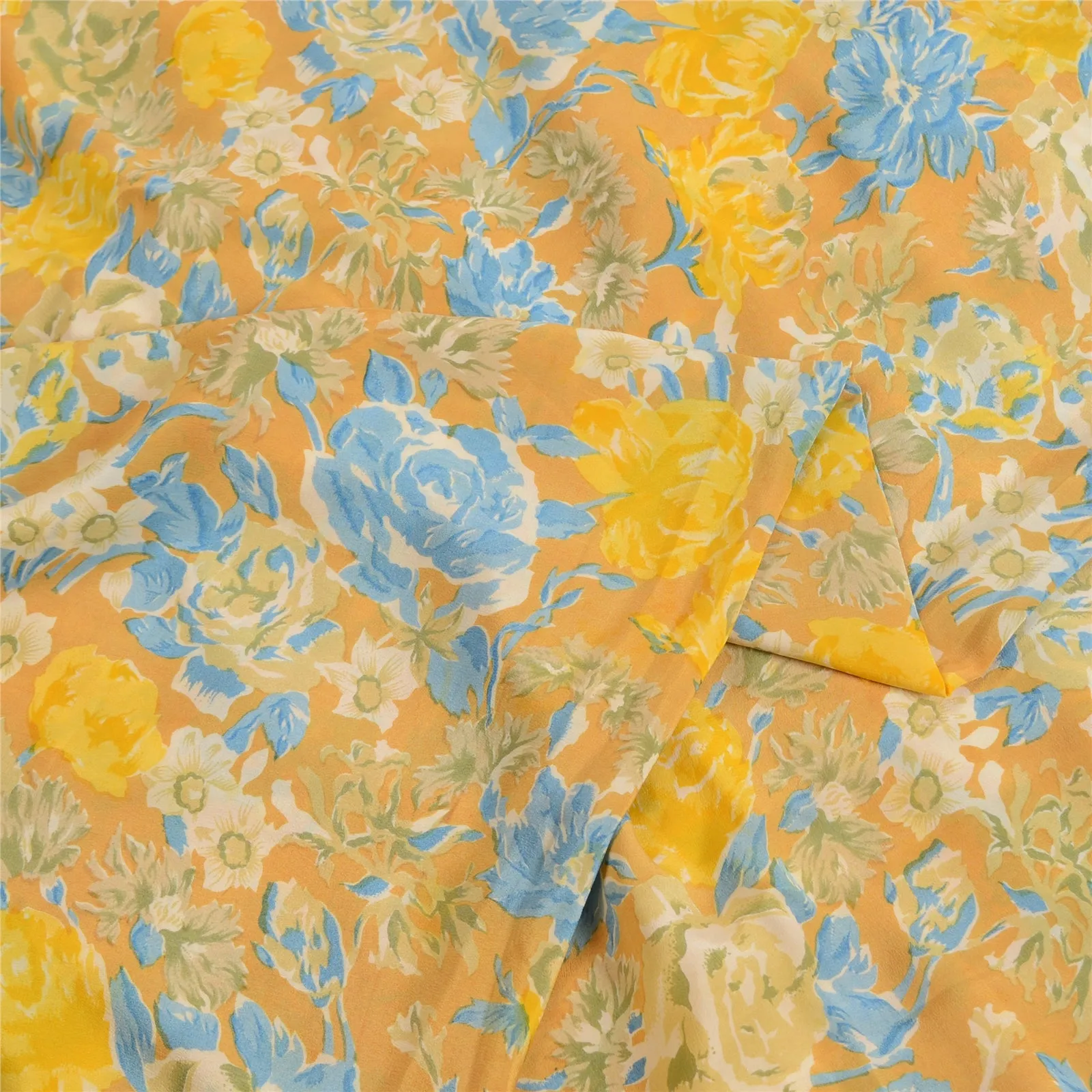 Sanskriti Vintage Sarees Yellow 100% Pure Crepe Silk Printed Sari Craft Fabric