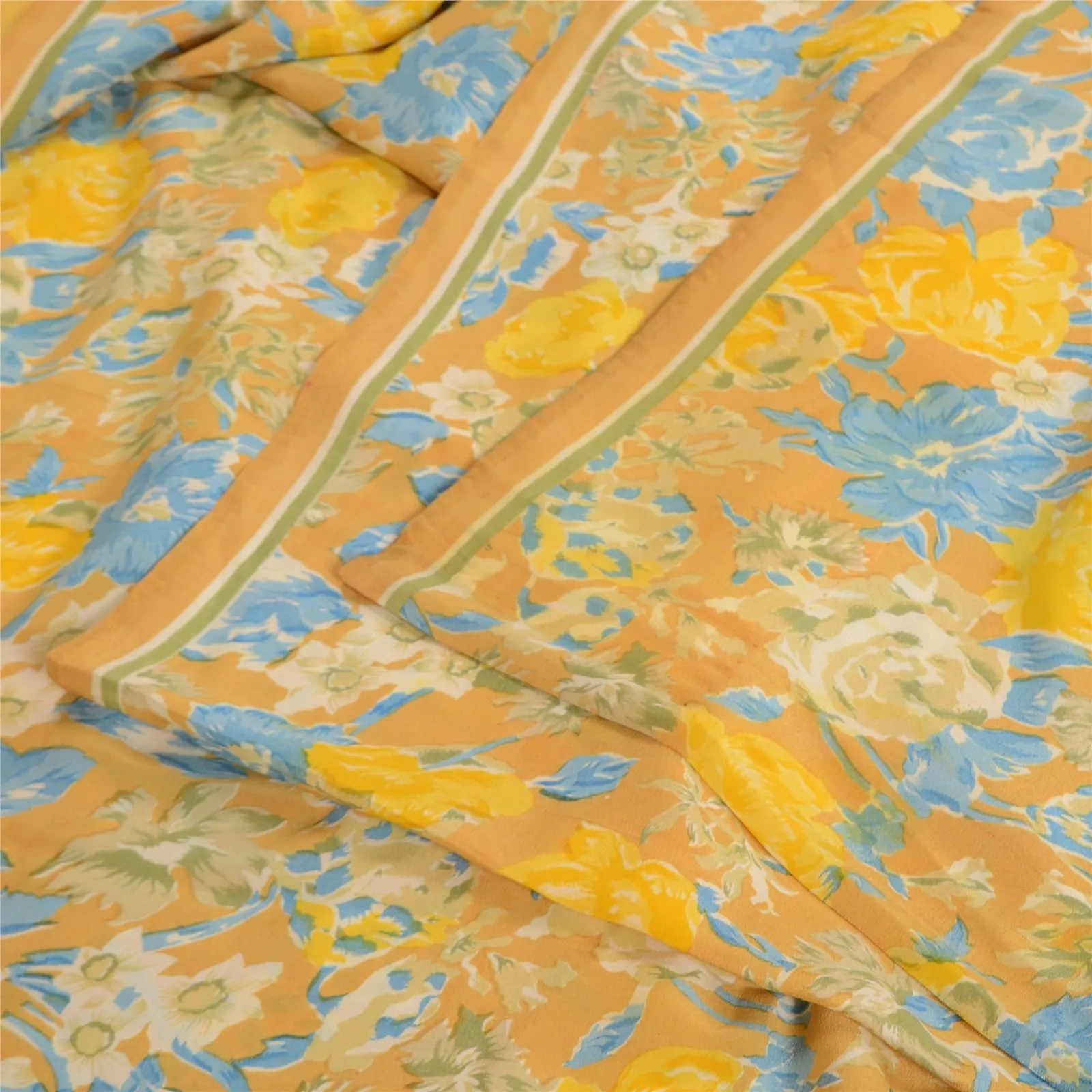 Sanskriti Vintage Sarees Yellow 100% Pure Crepe Silk Printed Sari Craft Fabric