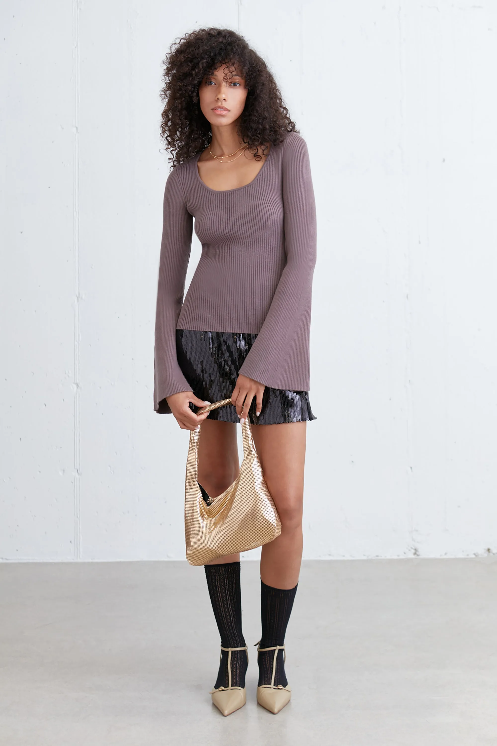 SCOOP NECK BELL SLEEVE SWEATER