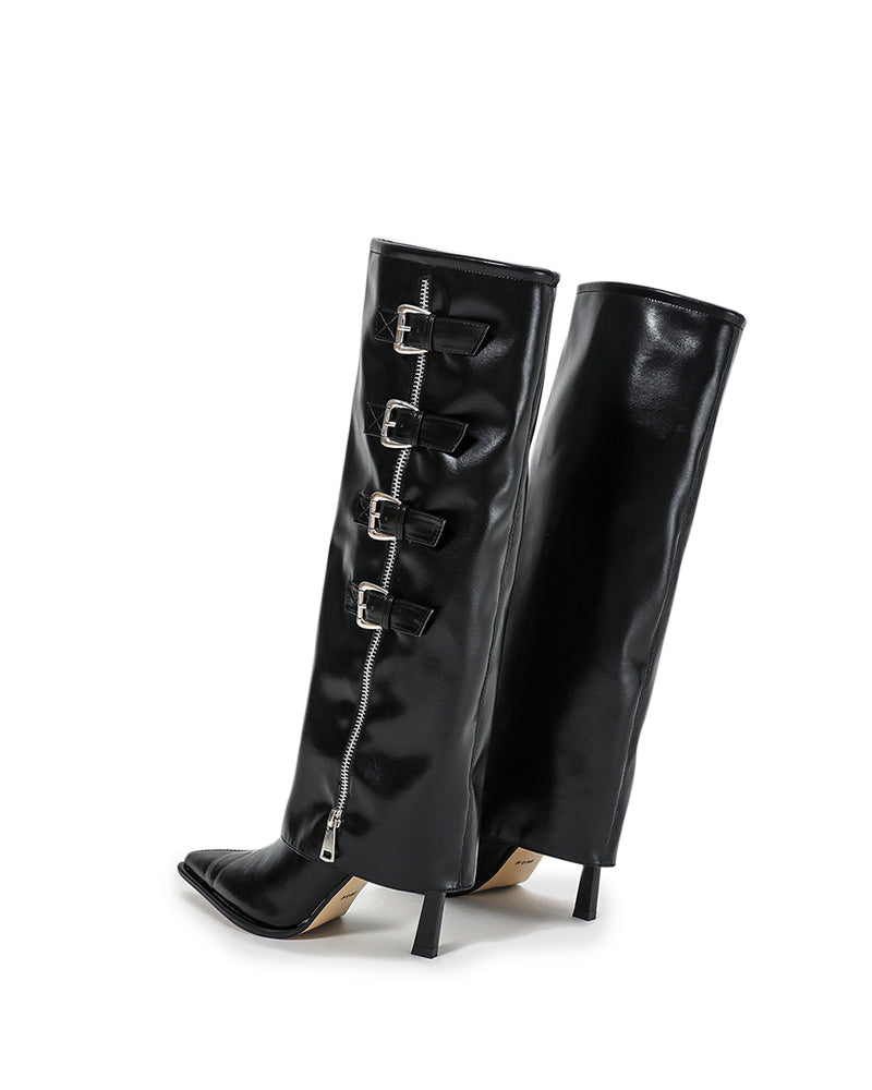 Side Zipper Knee High Fold Over Stiletto Heel Boots