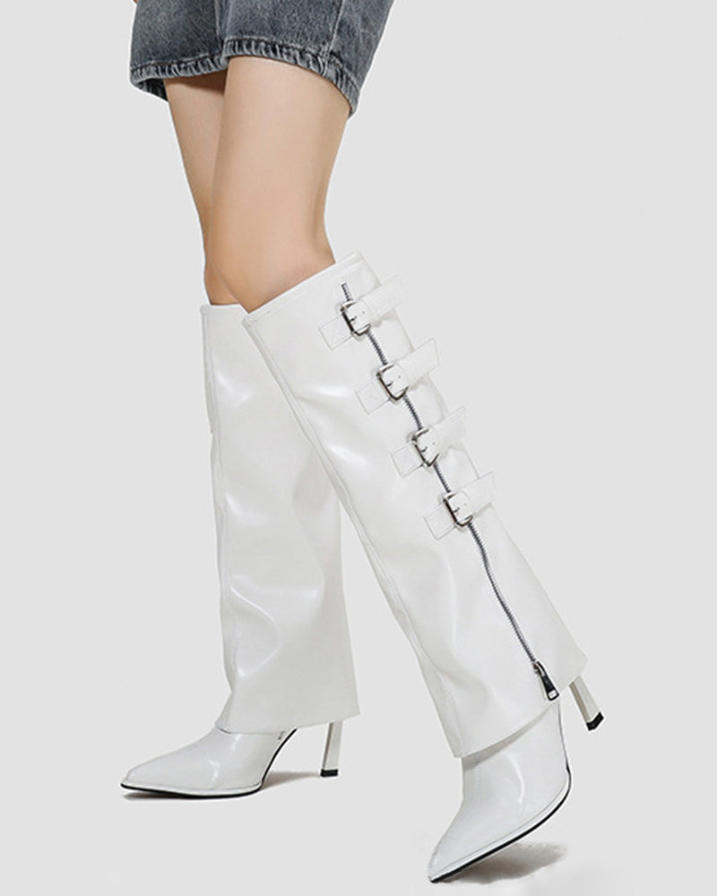 Side Zipper Knee High Fold Over Stiletto Heel Boots