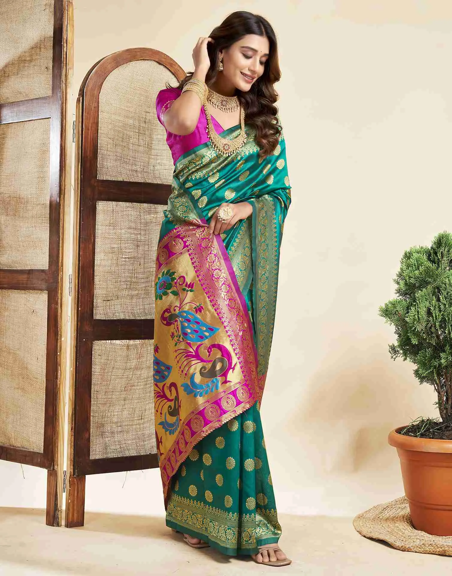 Teal Green Silk Woven Paithani Saree