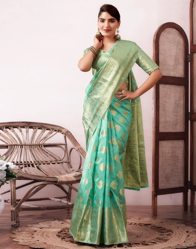 Turquoise Organza Woven Saree