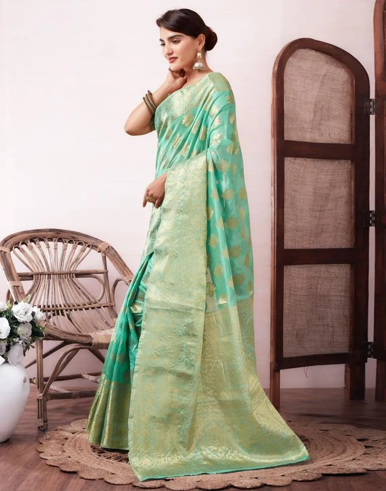 Turquoise Organza Woven Saree