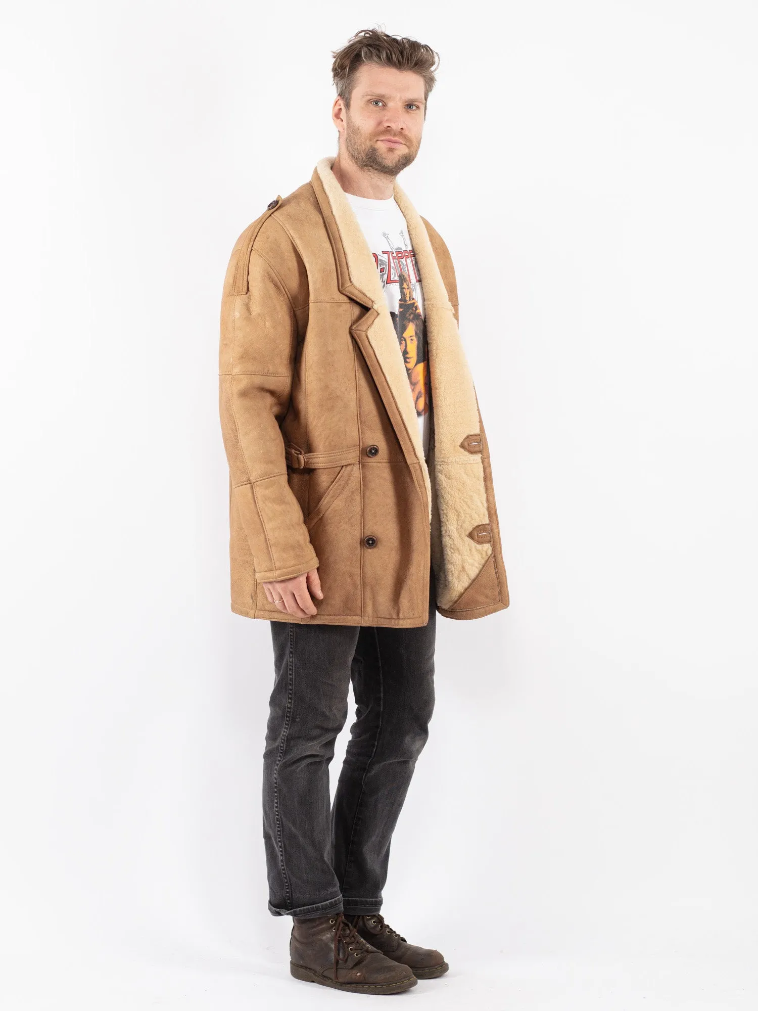 Vintage 70's Men Sheepskin Coat in Beige