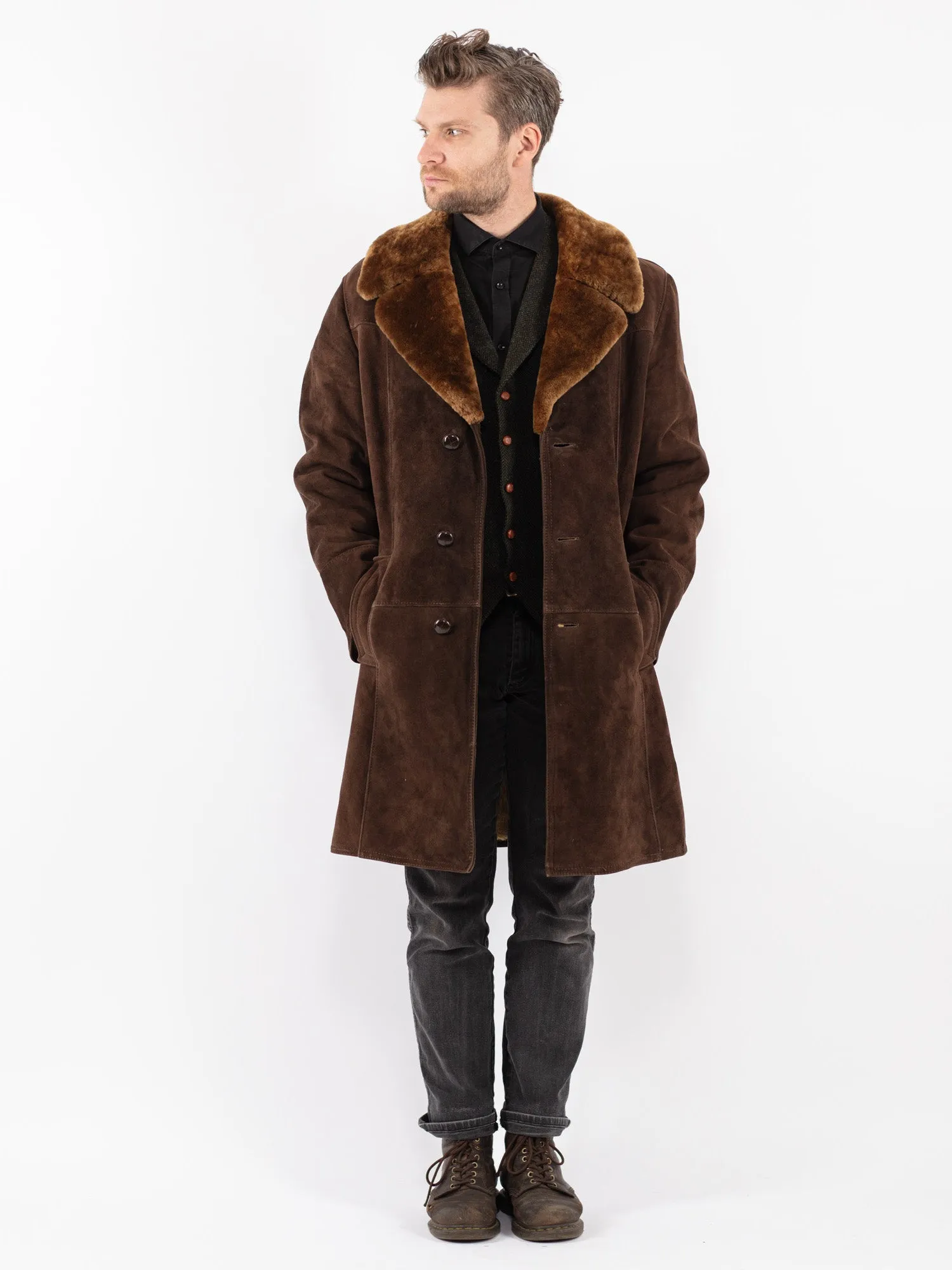 Vintage 70's Men Sheepskin Shearling Coat in Brown