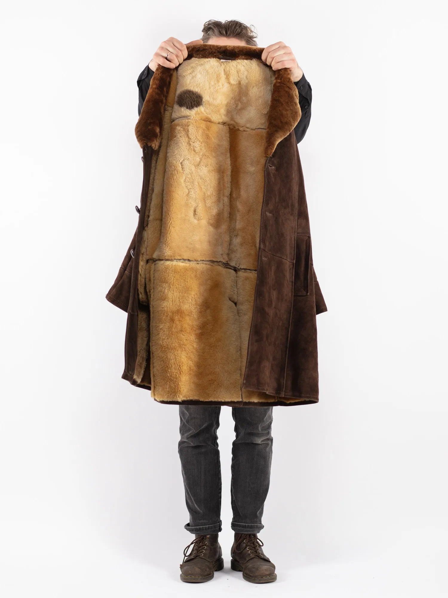 Vintage 70's Men Sheepskin Shearling Coat in Brown