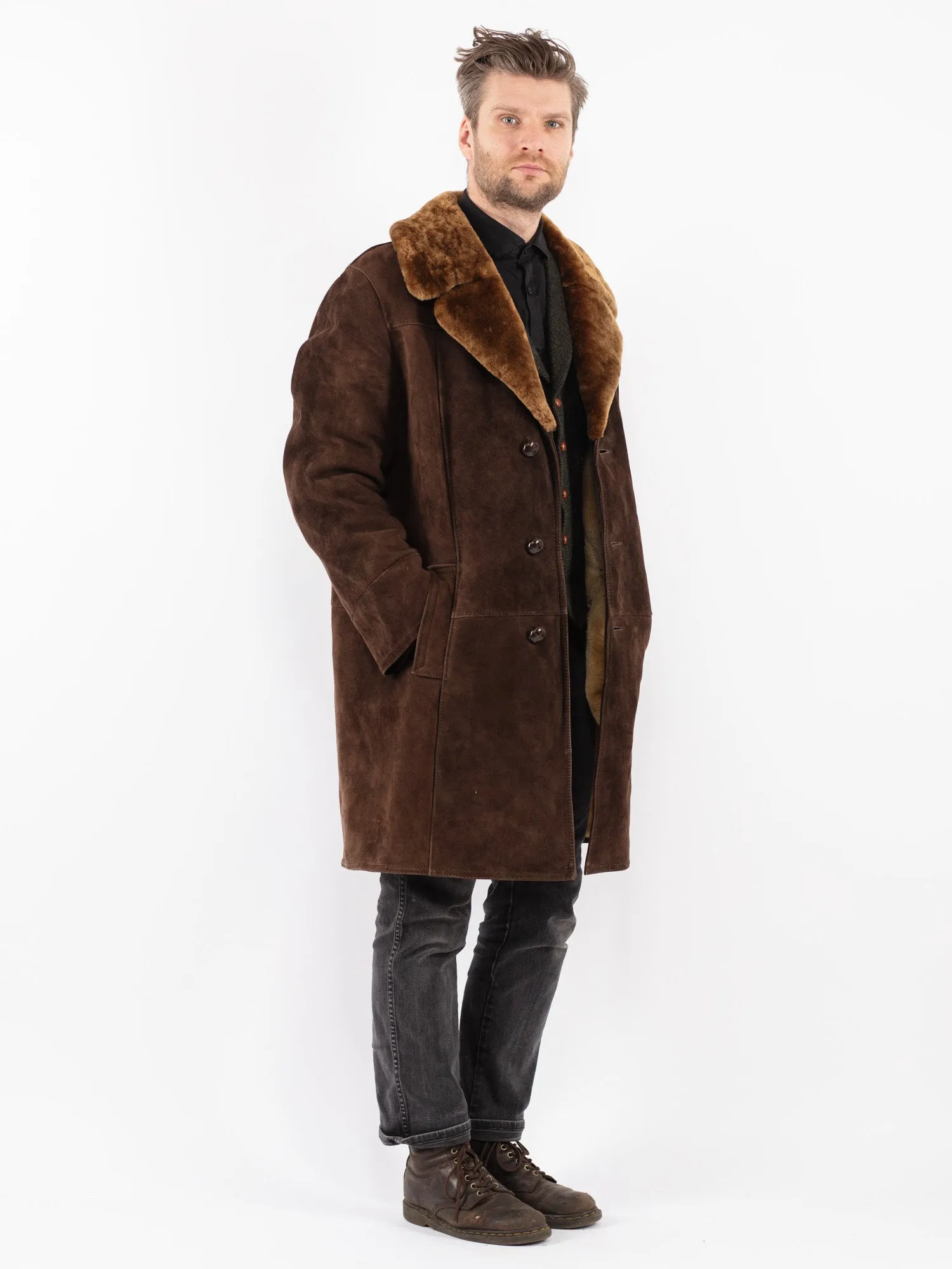 Vintage 70's Men Sheepskin Shearling Coat in Brown