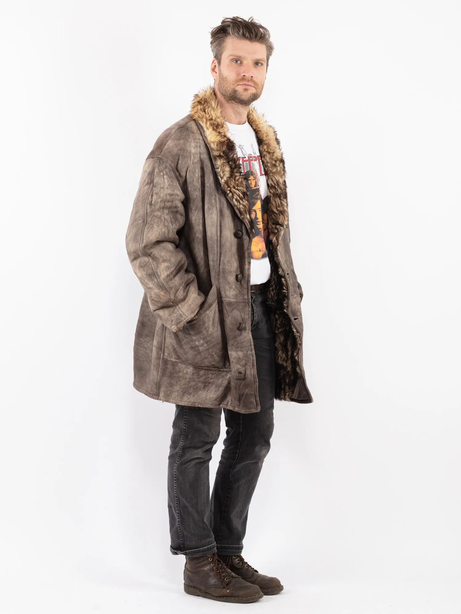 Vintage 70's Men Sheepskin Shearling Coat in Gray