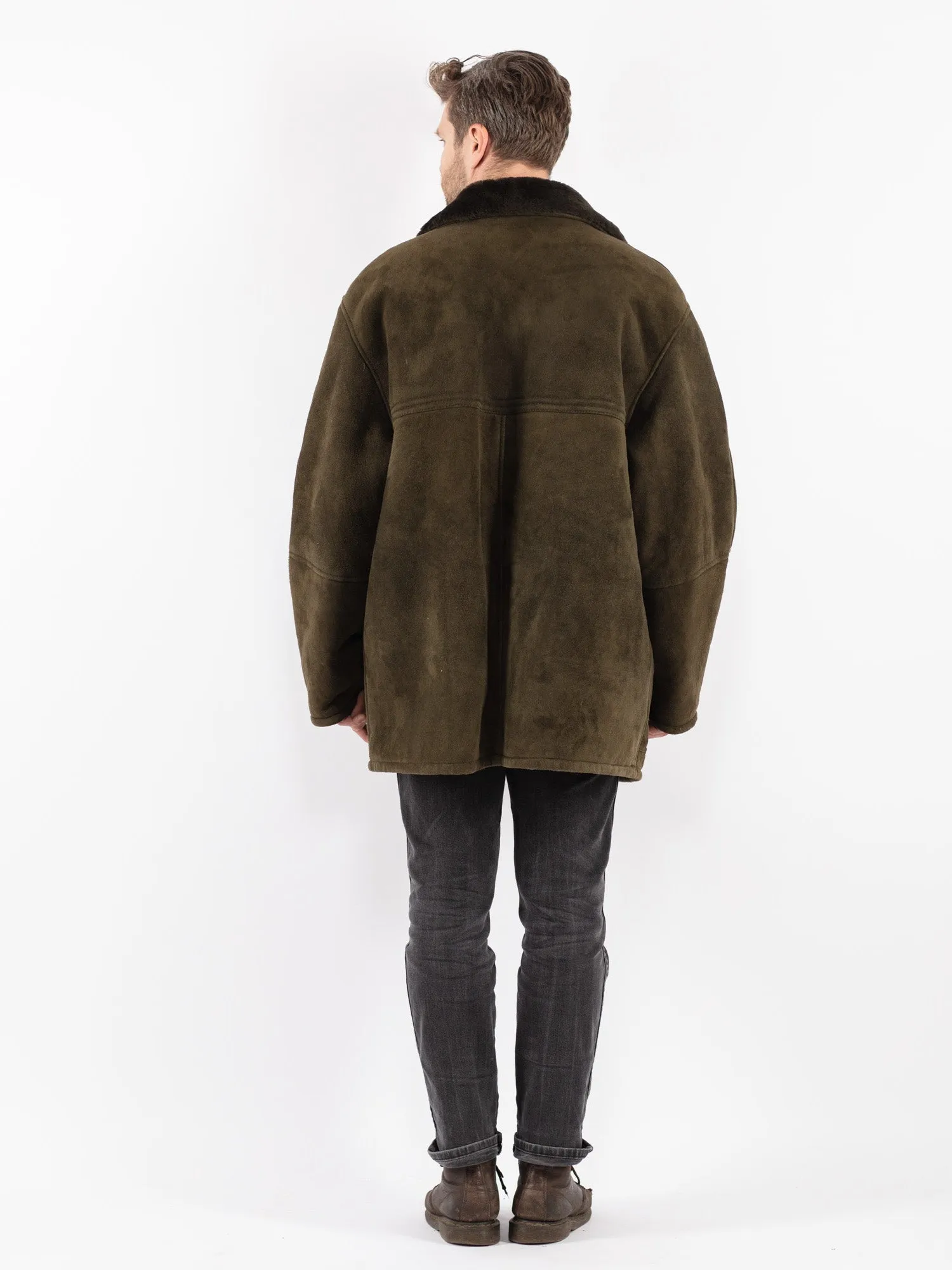 Vintage 70's Men Sheepskin Shearling Coat in Green