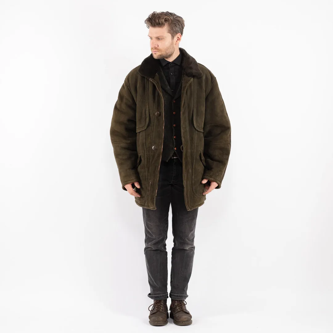 Vintage 70's Men Sheepskin Shearling Coat in Green