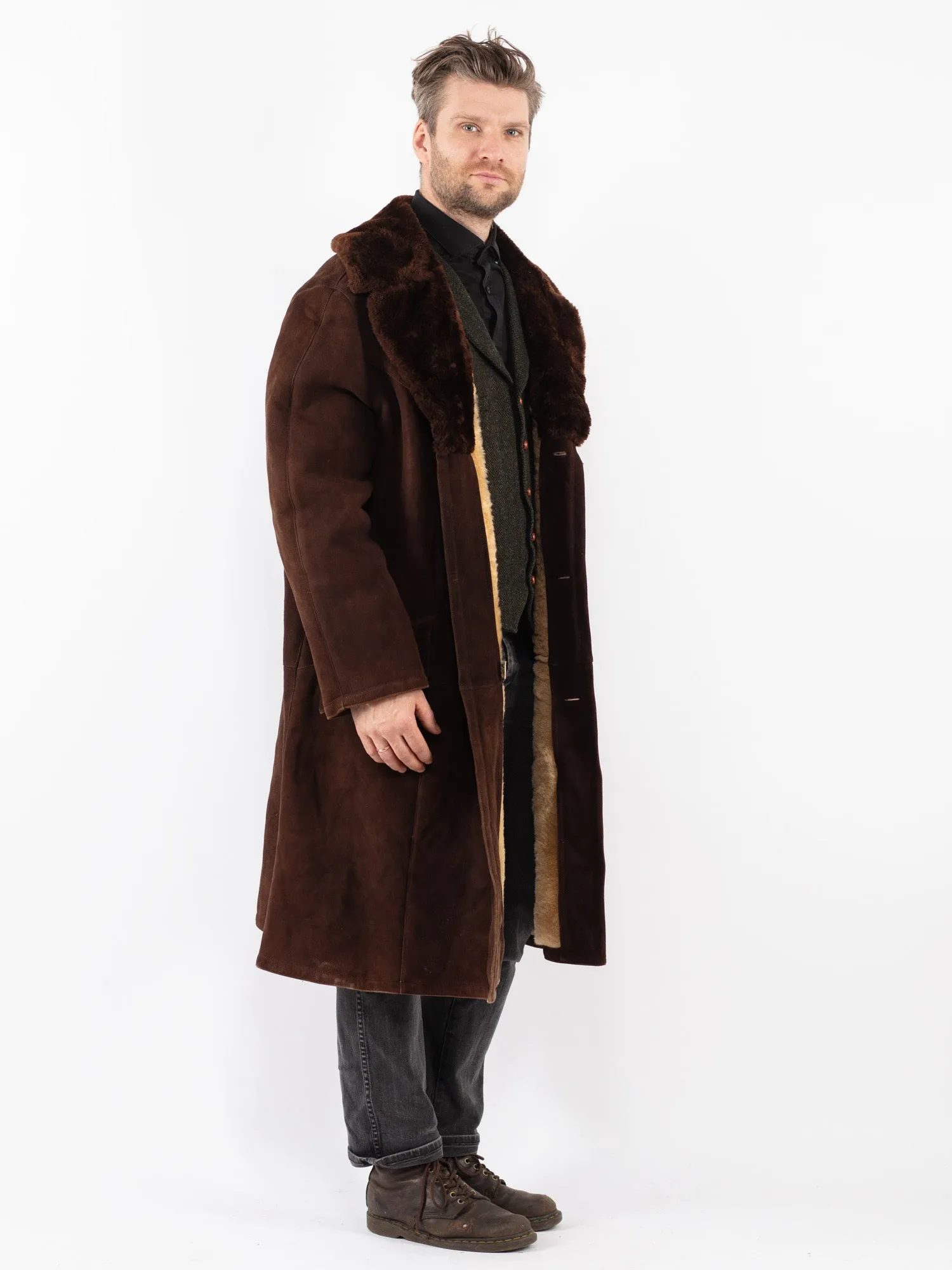 Vintage 70's Men Sheepskin Shearling Long Coat in Brown