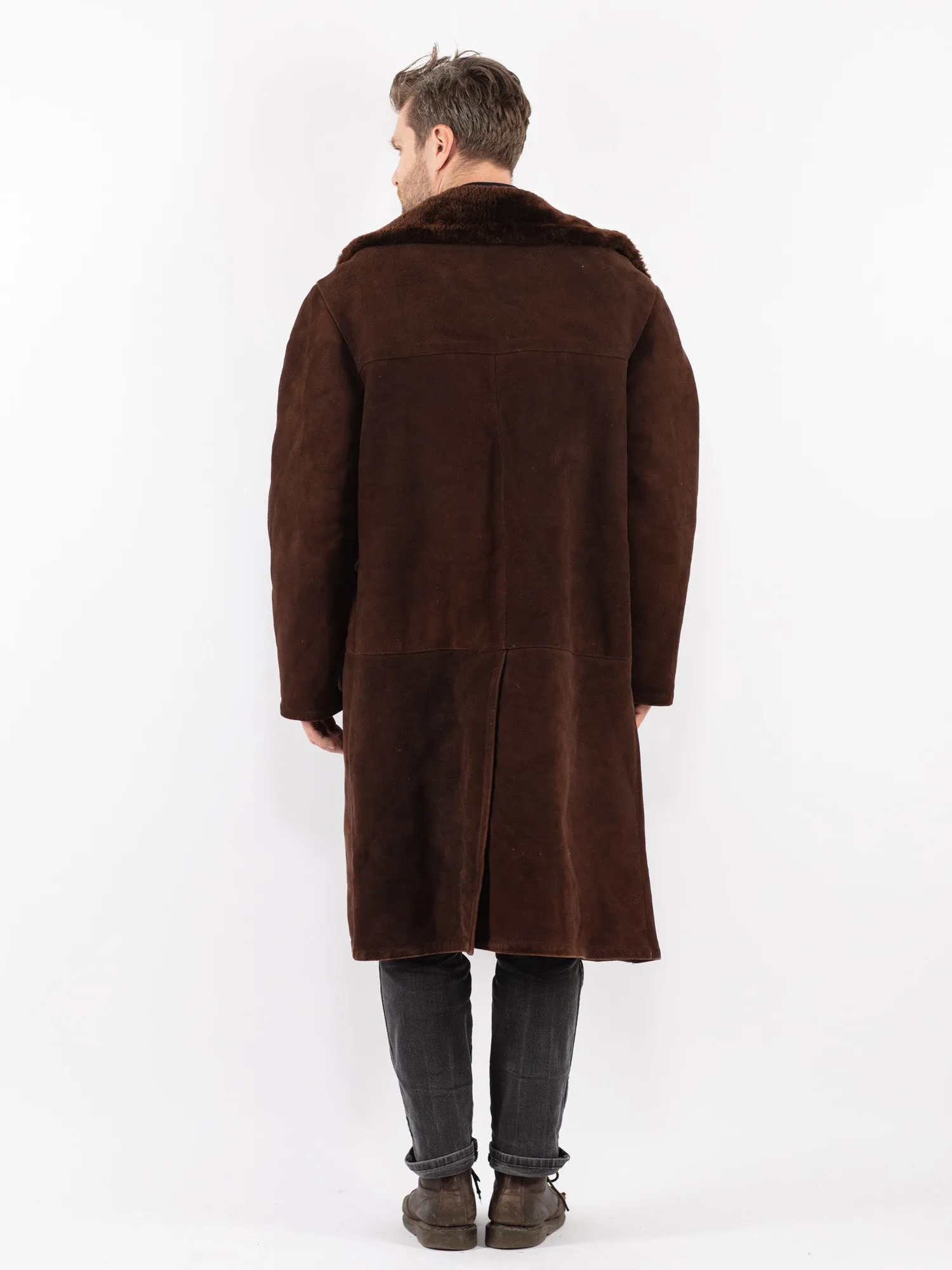 Vintage 70's Men Sheepskin Shearling Long Coat in Brown