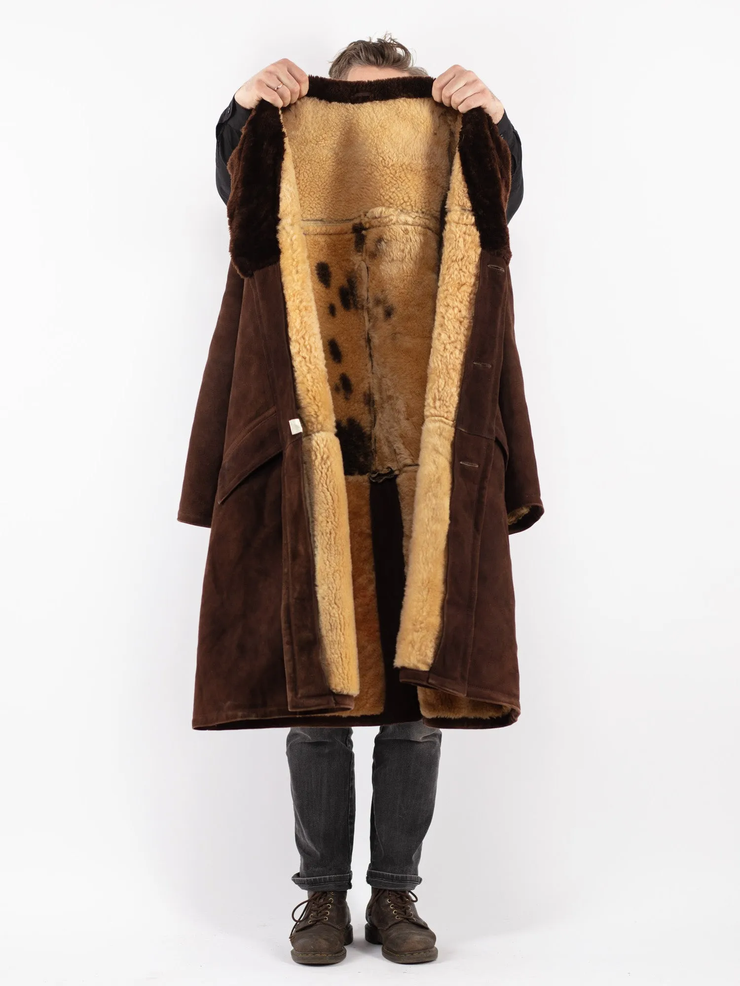 Vintage 70's Men Sheepskin Shearling Long Coat in Brown