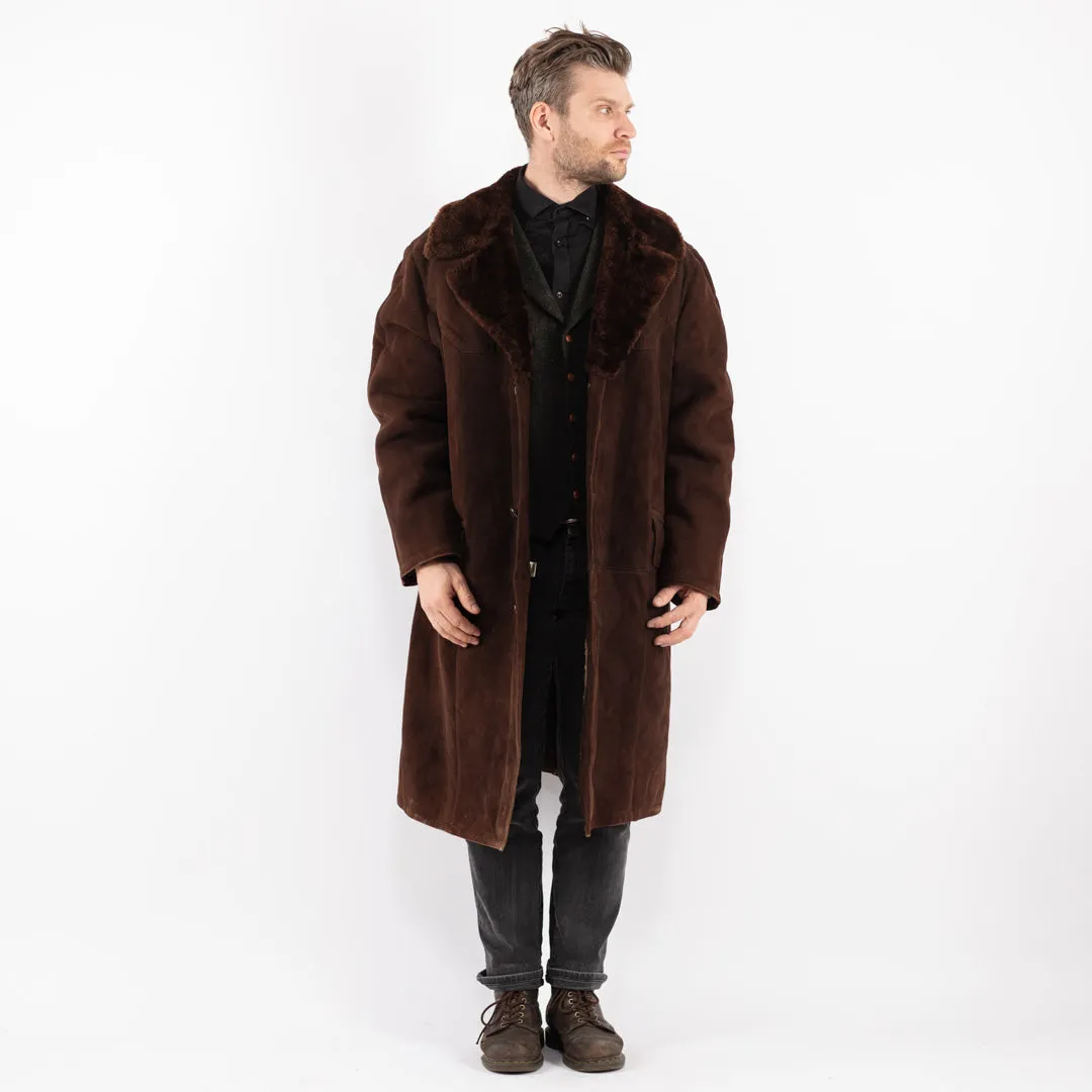 Vintage 70's Men Sheepskin Shearling Long Coat in Brown