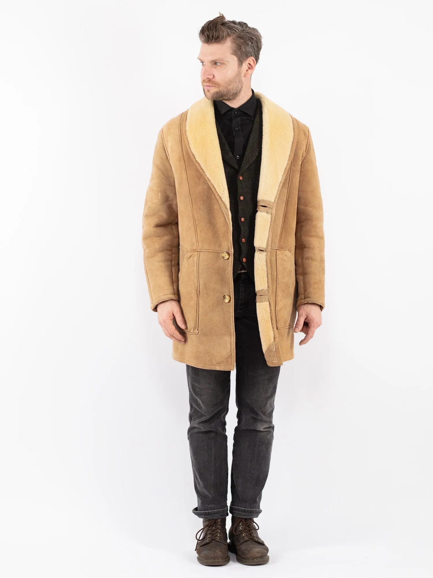 Vintage 80's Men Sheepskin Coat in Beige