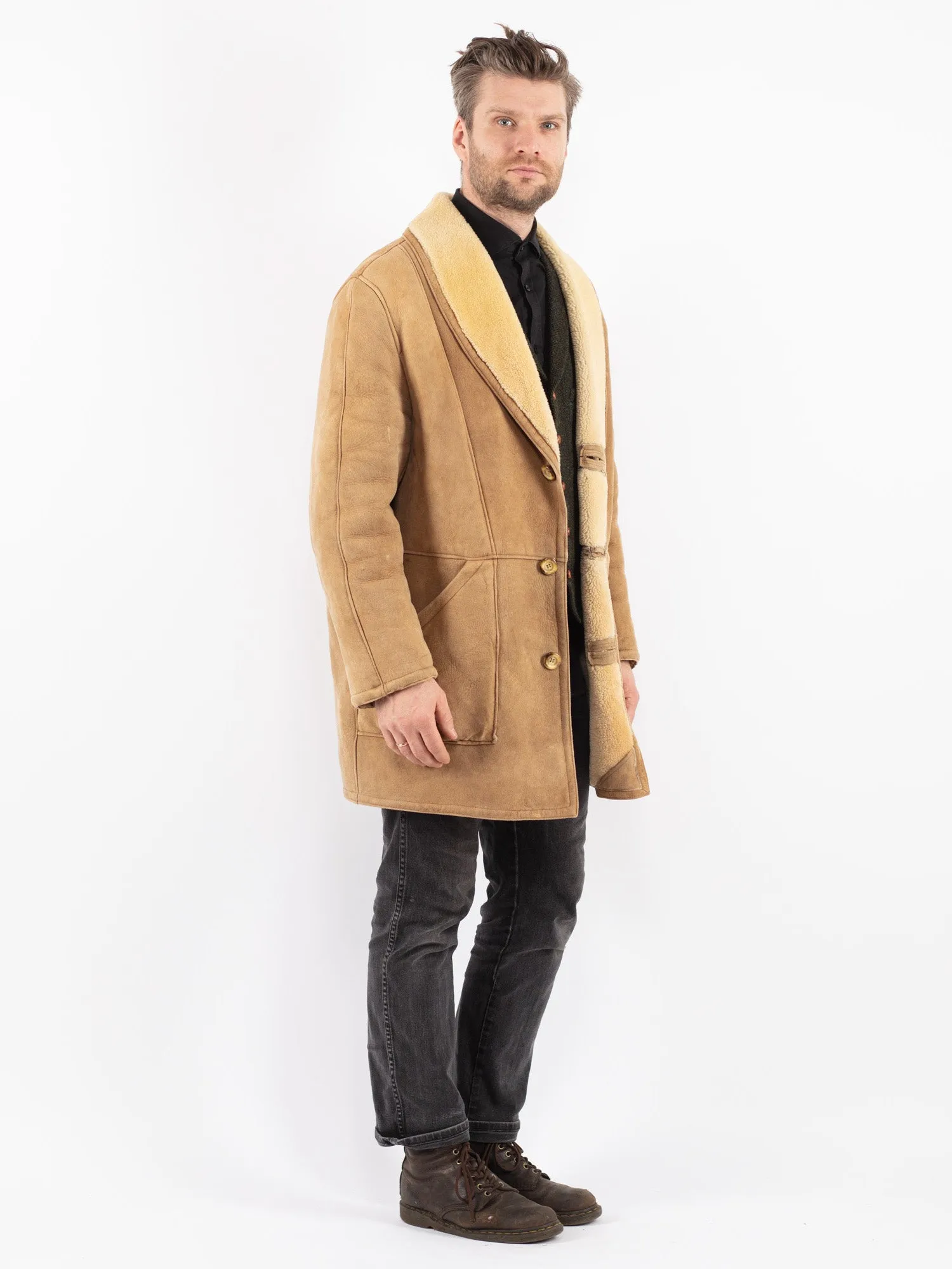 Vintage 80's Men Sheepskin Coat in Beige