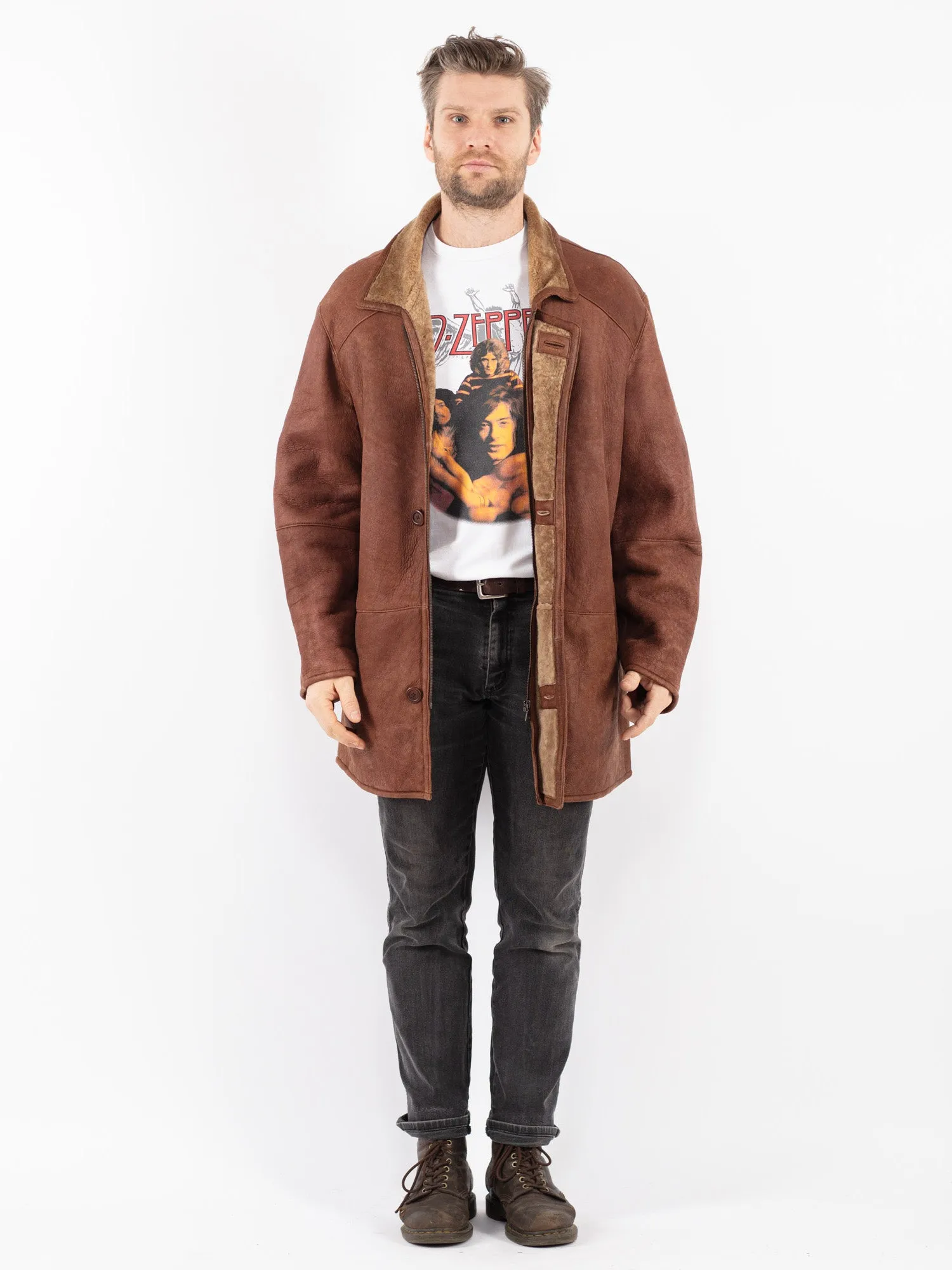 Vintage 80's Men Sheepskin Shearling Coat in Brown