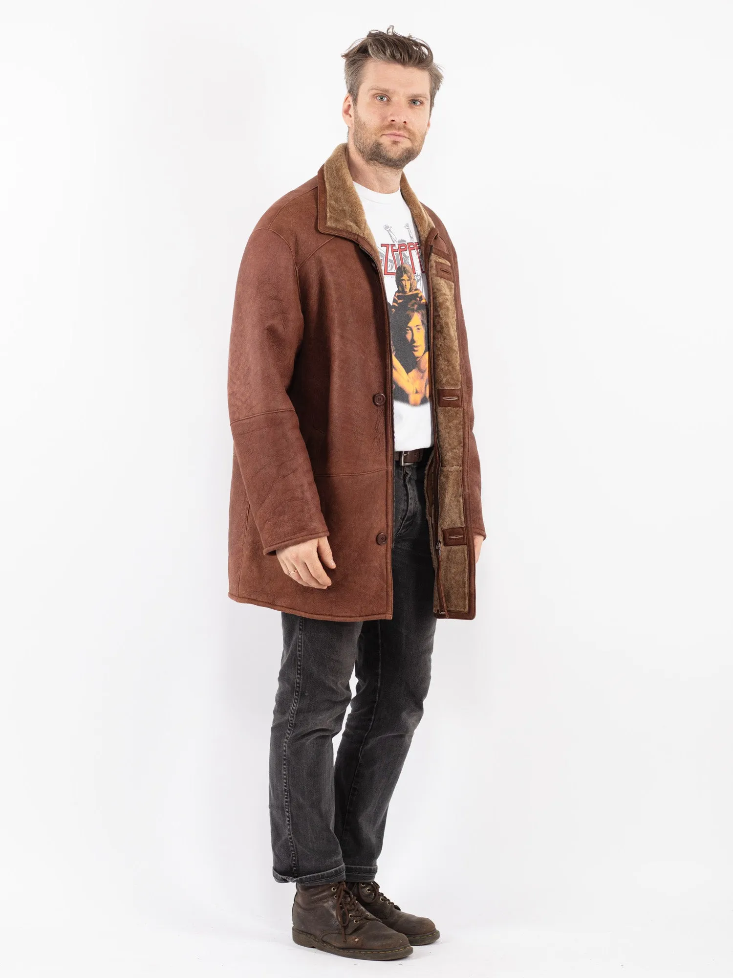 Vintage 80's Men Sheepskin Shearling Coat in Brown