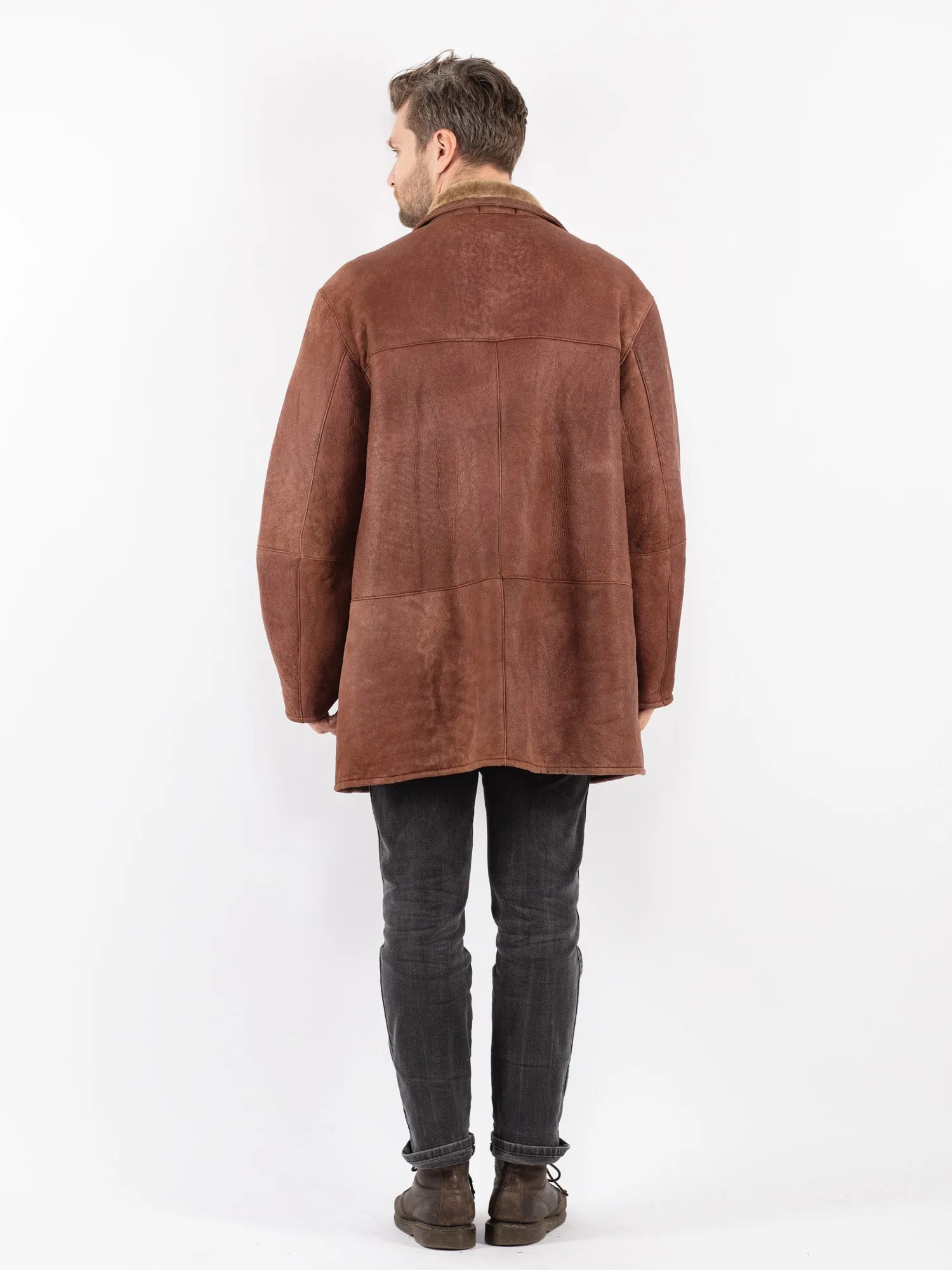 Vintage 80's Men Sheepskin Shearling Coat in Brown