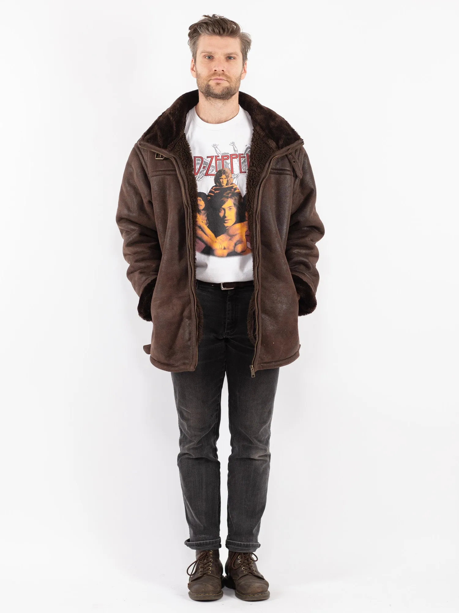 Vintage 90's Men Faux Sheepskin Coat in Brown