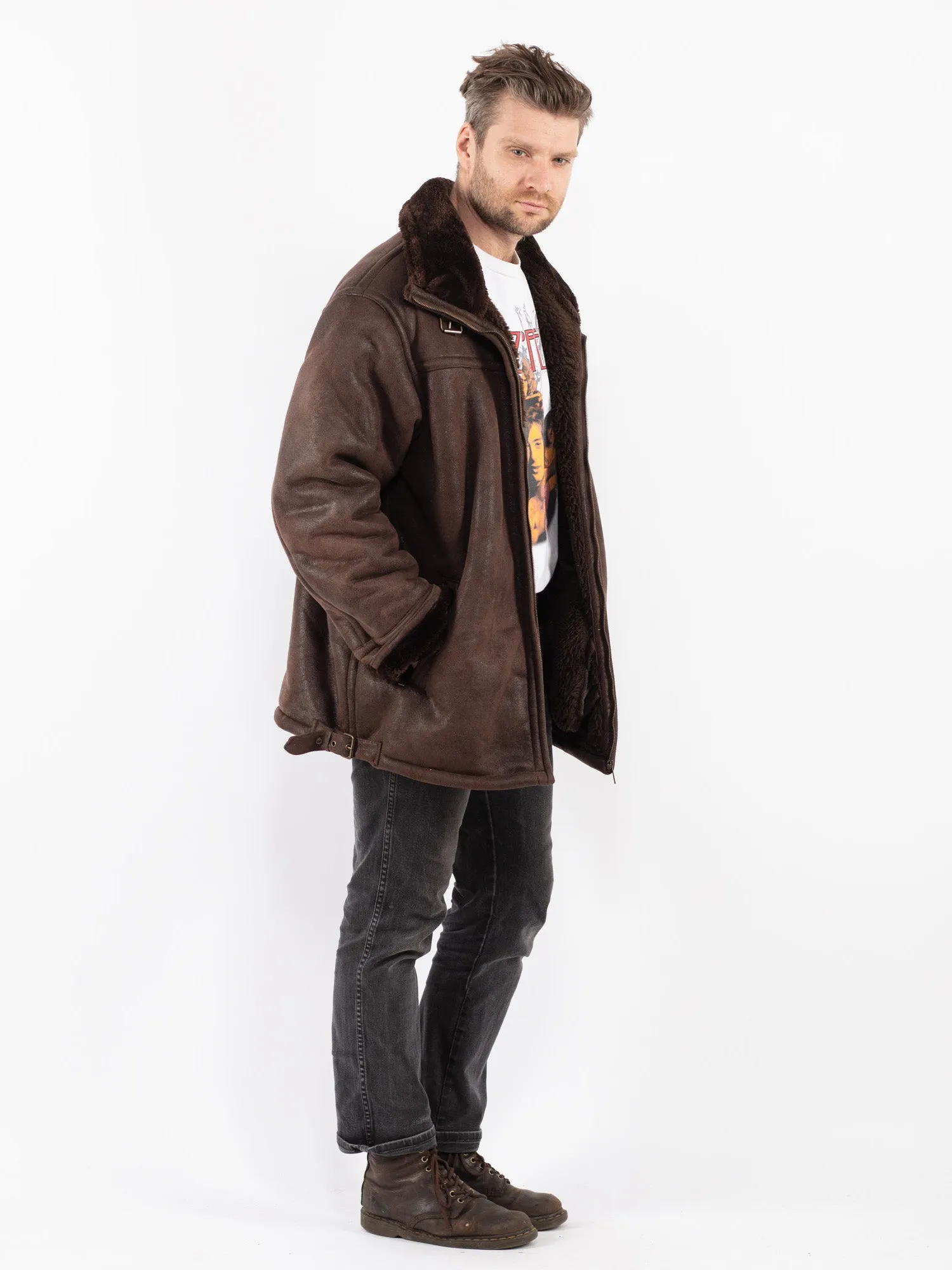 Vintage 90's Men Faux Sheepskin Coat in Brown