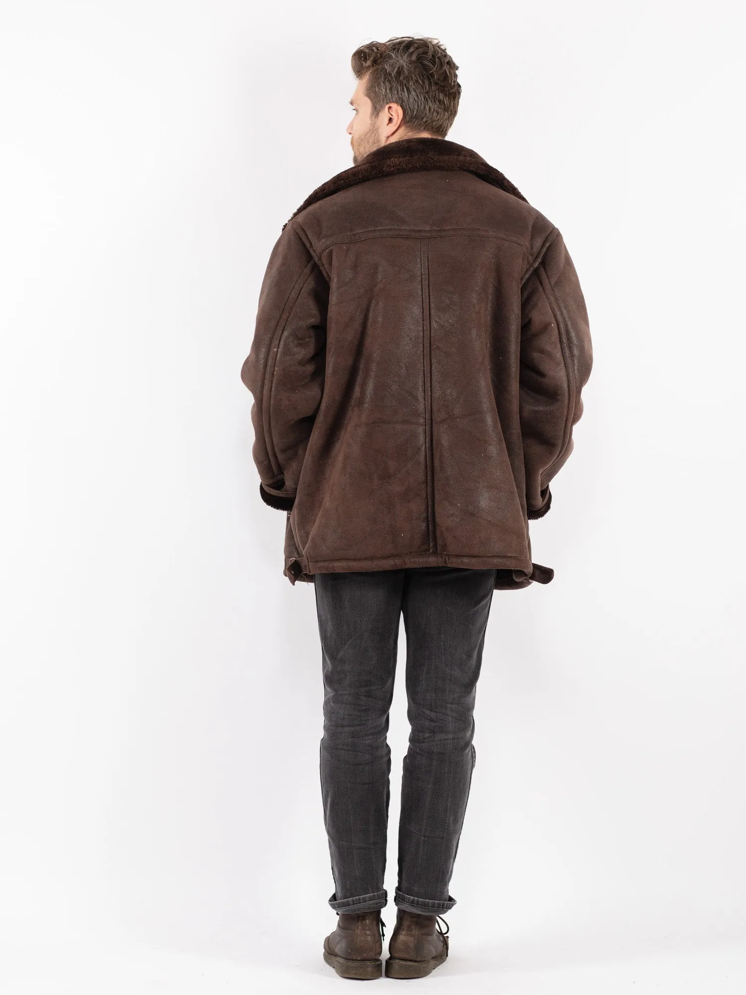 Vintage 90's Men Faux Sheepskin Coat in Brown