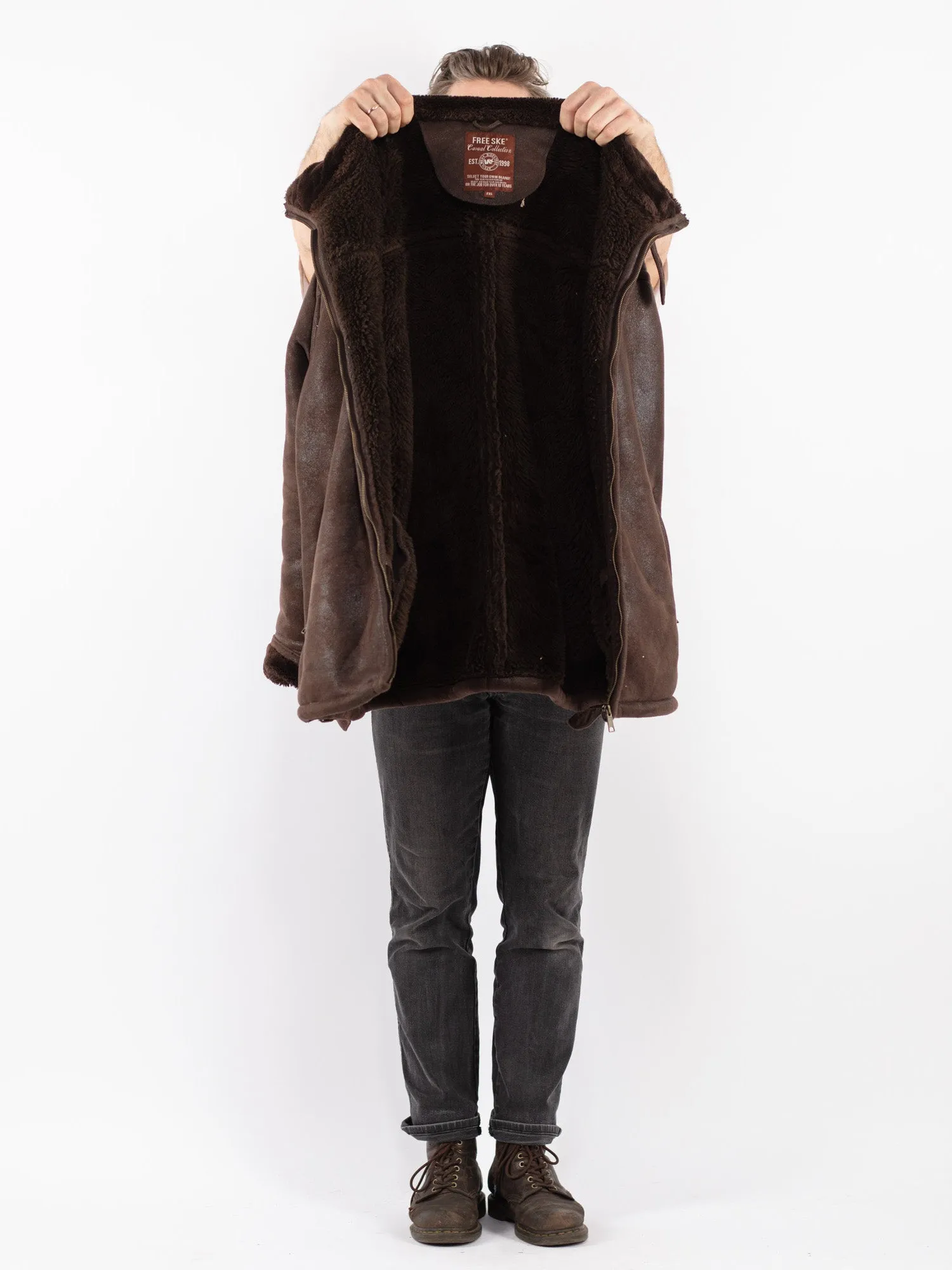 Vintage 90's Men Faux Sheepskin Coat in Brown