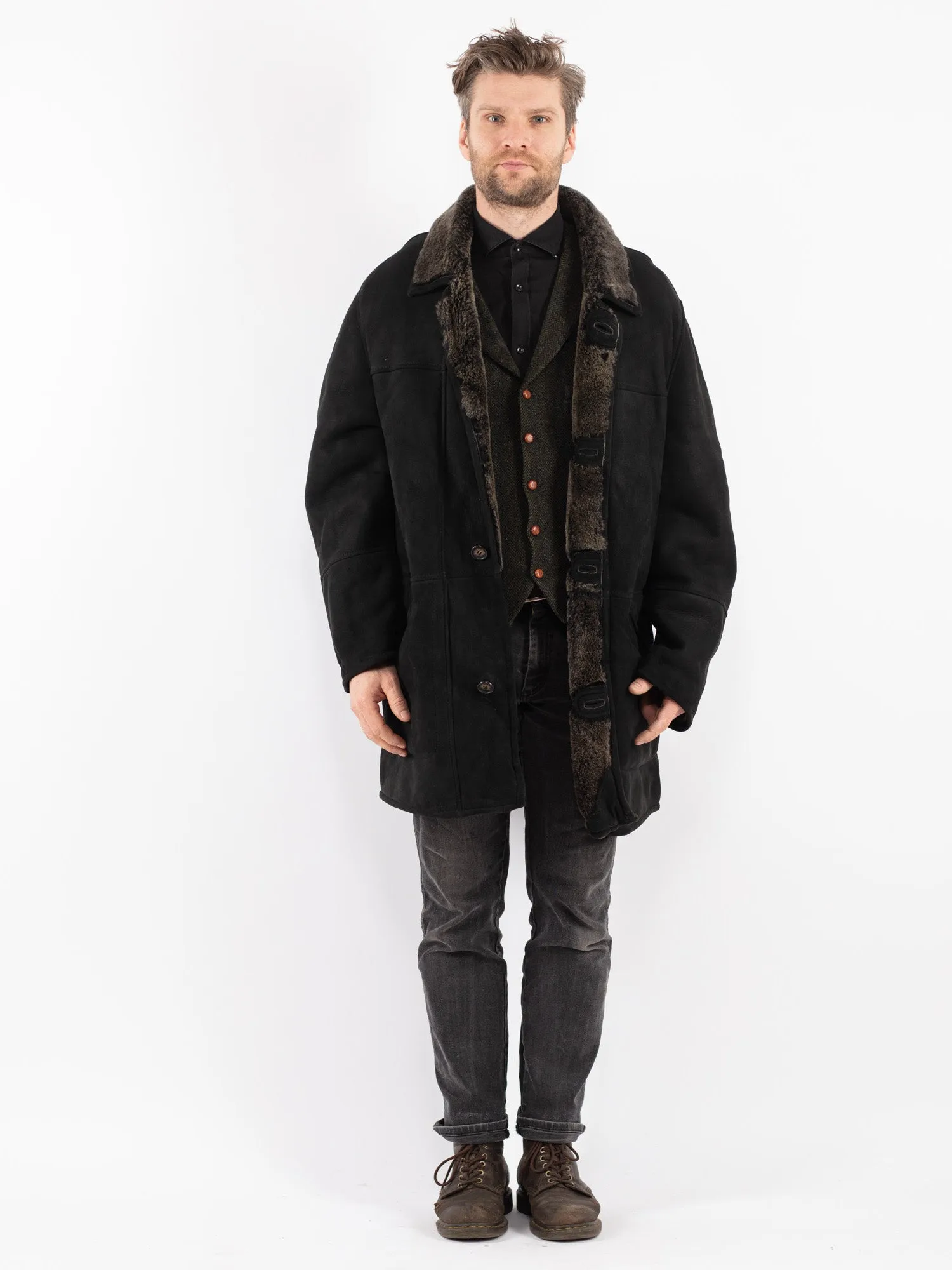 Vintage 90's Men Sheepskin Shearling Coat in Black