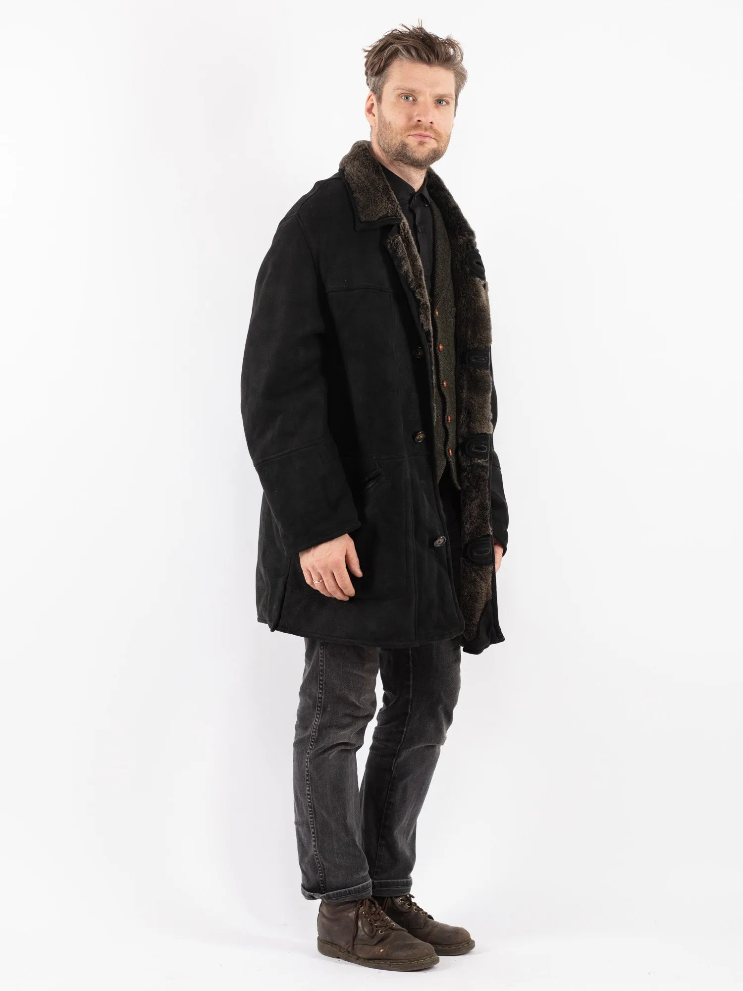 Vintage 90's Men Sheepskin Shearling Coat in Black