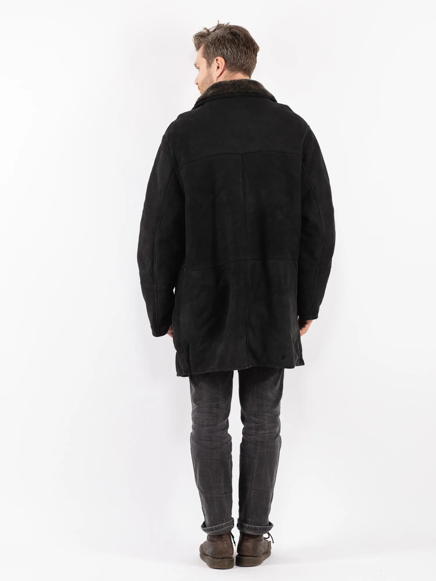 Vintage 90's Men Sheepskin Shearling Coat in Black