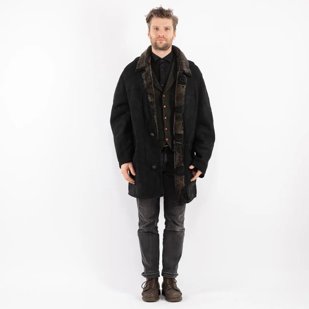 Vintage 90's Men Sheepskin Shearling Coat in Black