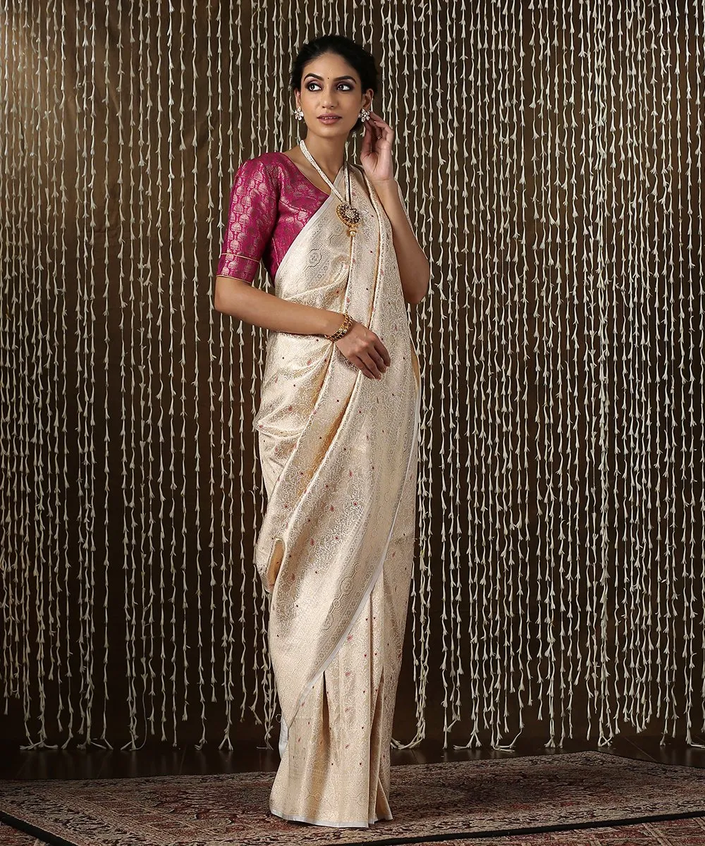 White Handloom Shikargah Banarasi Saree With Red Meenakari