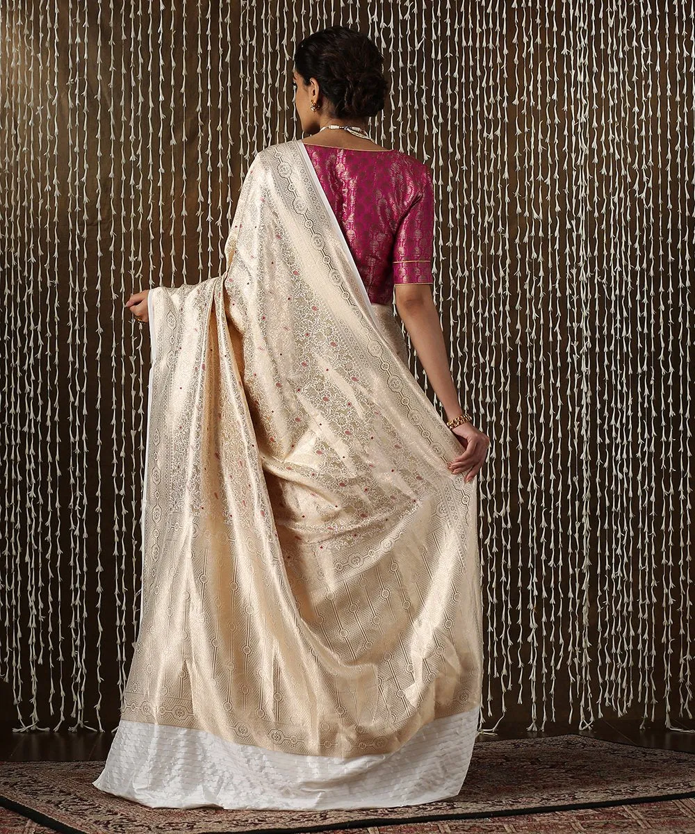 White Handloom Shikargah Banarasi Saree With Red Meenakari